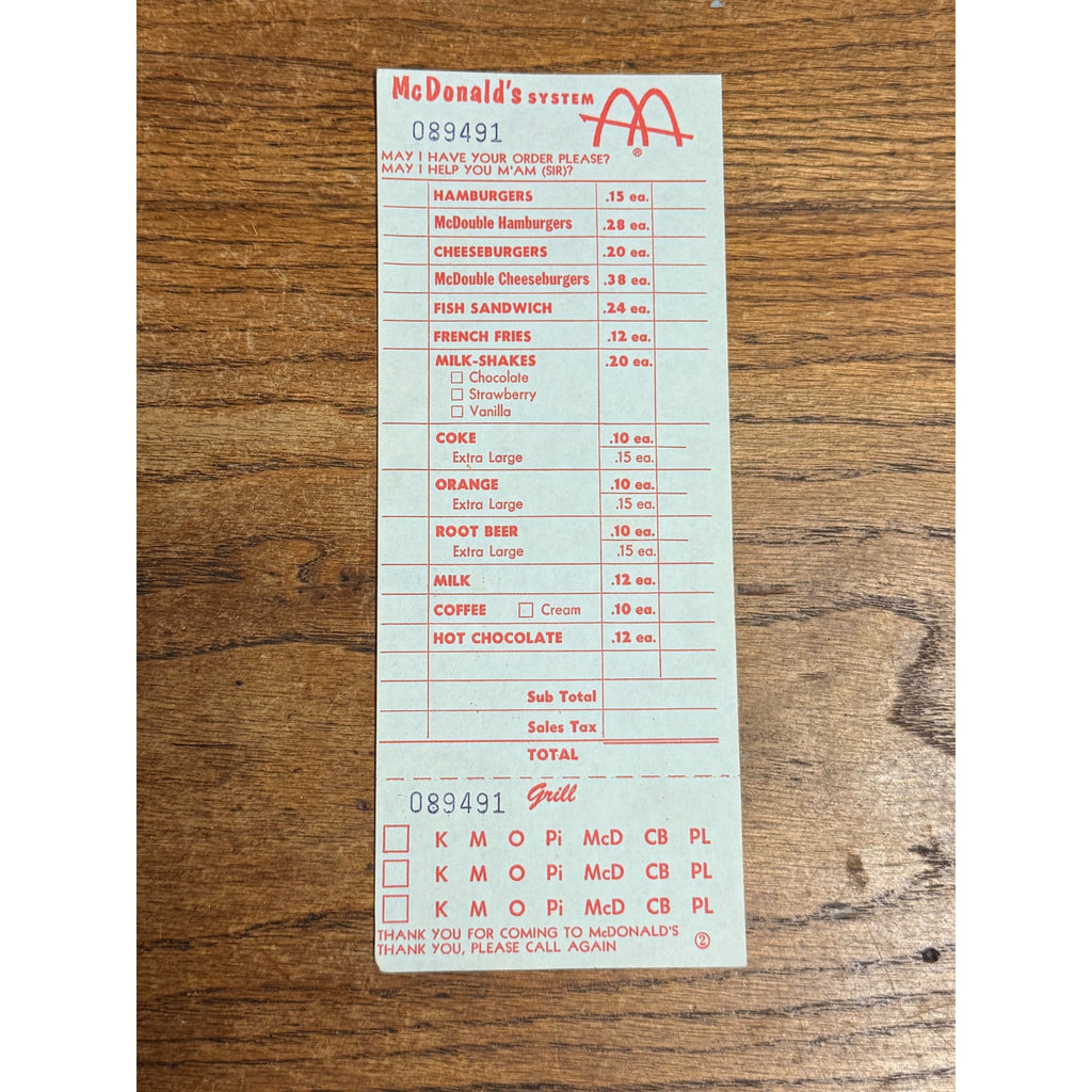 RARE Vintage 1960s McDonalds System Food Order Paper Receipt Slash M Logo