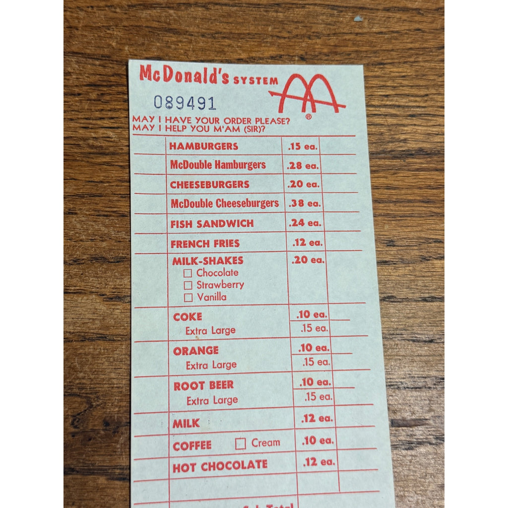 RARE Vintage 1960s McDonalds System Food Order Paper Receipt Slash M Logo