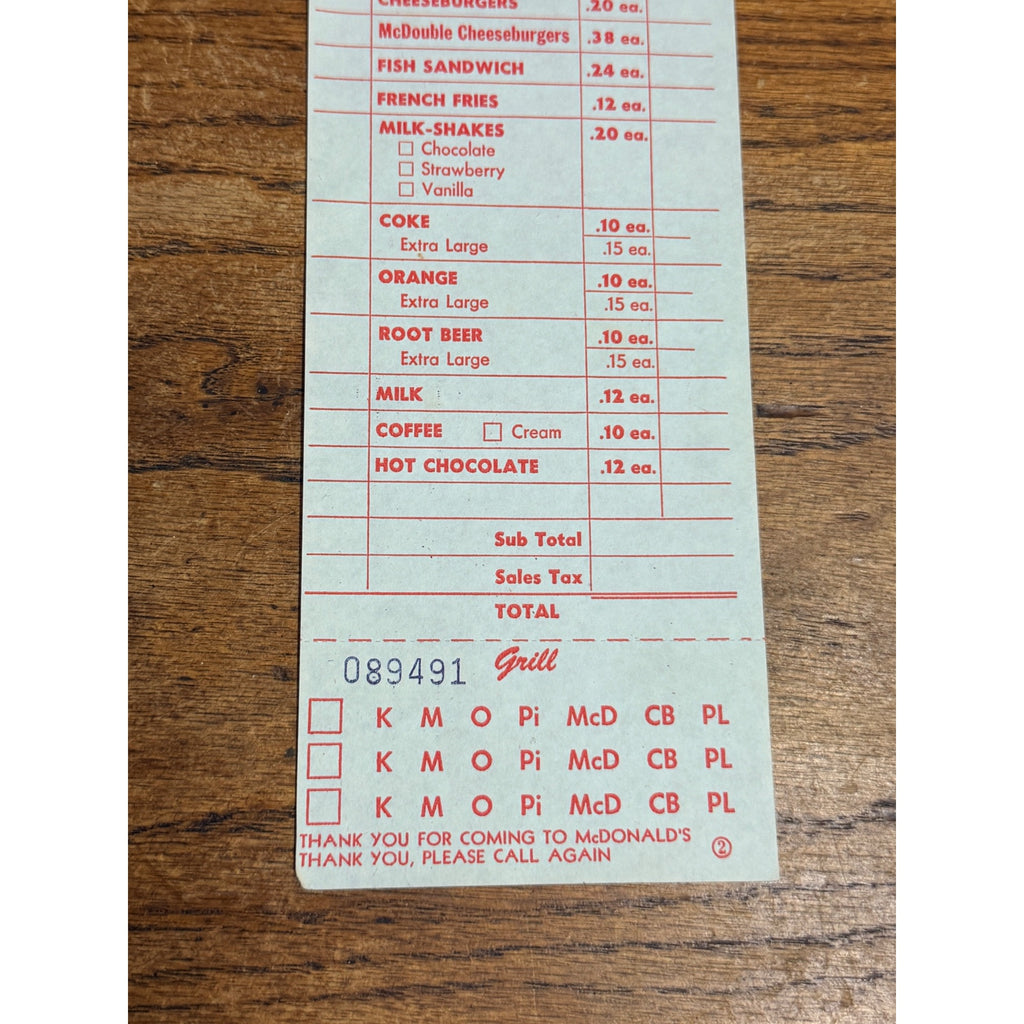 RARE Vintage 1960s McDonalds System Food Order Paper Receipt Slash M Logo