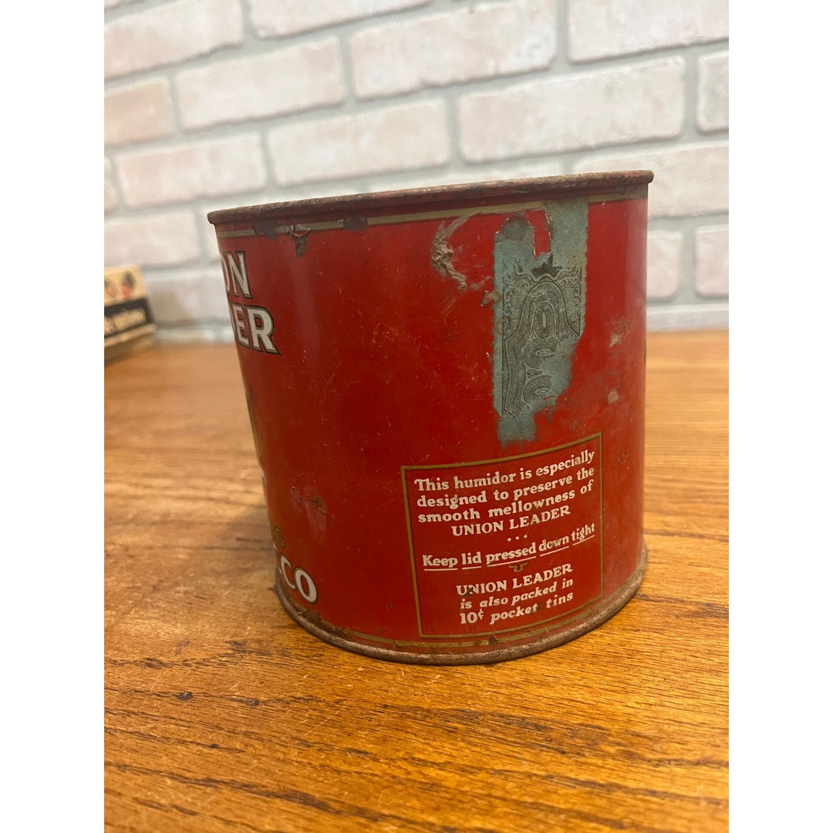 Vintage Union Leader Smoking Tobacco Tin Can Humidor Red P. Lorillard Co. Circa 1900s