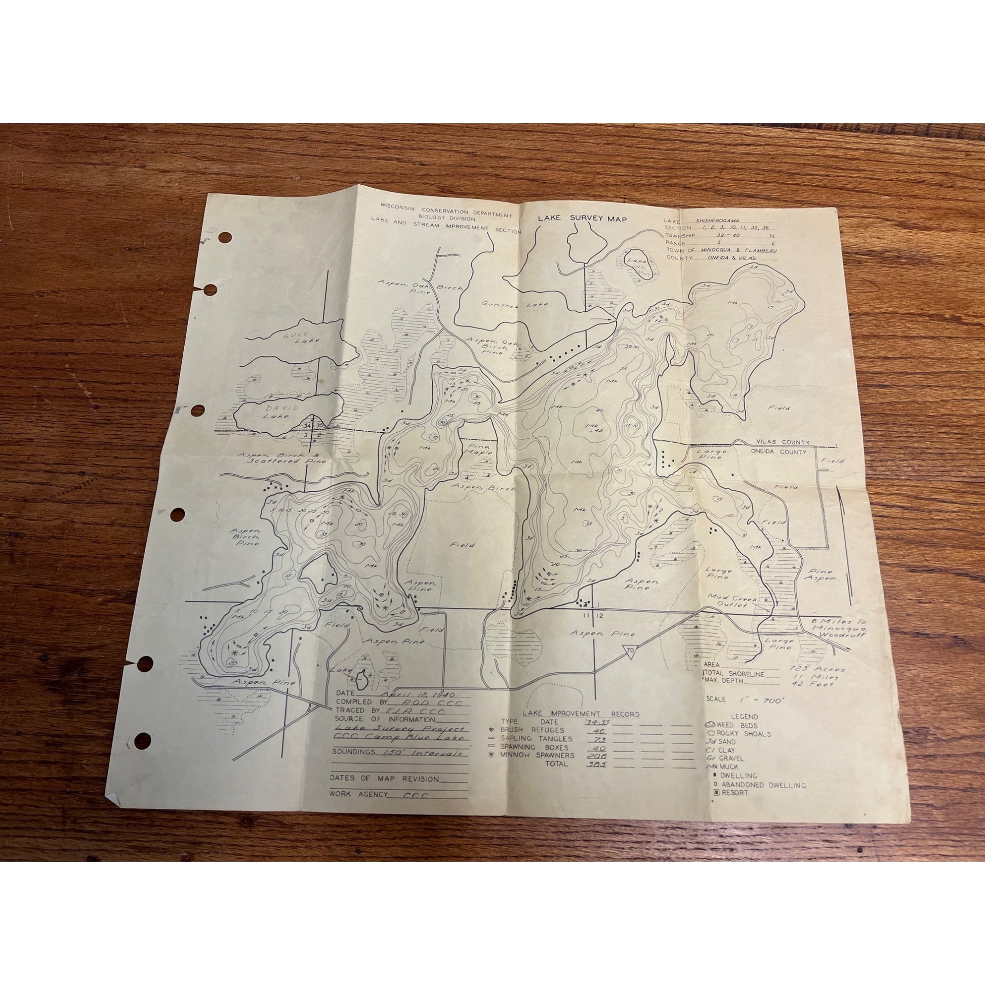 Original Civilian Conservation Corps CCC Lake Shishebogama Survey Map