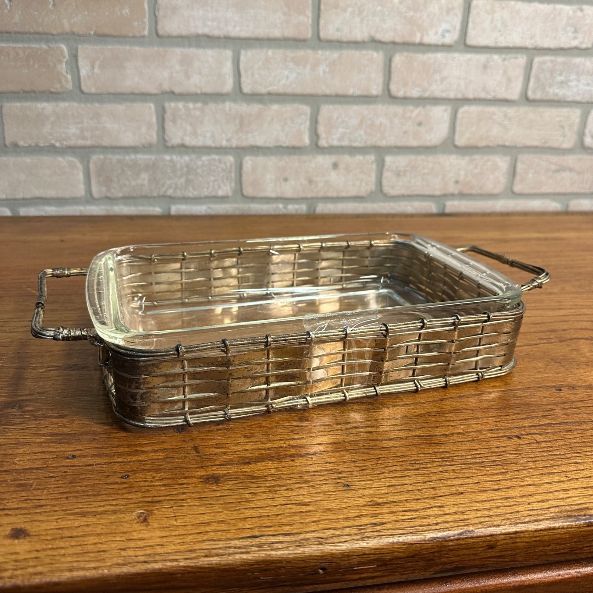 Vintage Pyrex Casserole Dish w/ Woven Silver Plated Wire Basket Carrier Holder