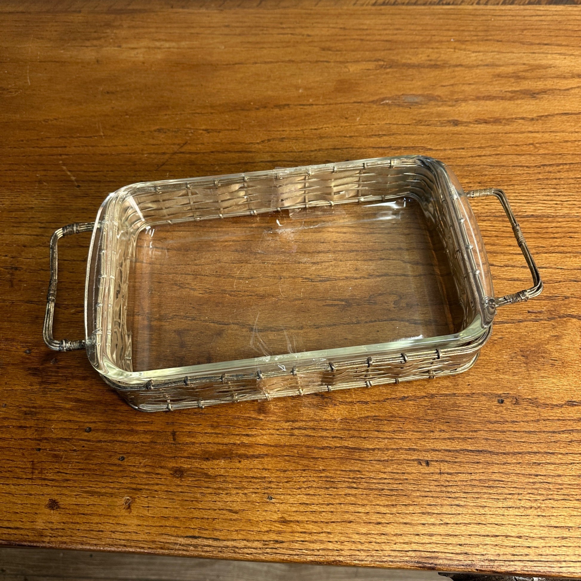 Vintage Pyrex Casserole Dish w/ Woven Silver Plated Wire Basket Carrier Holder