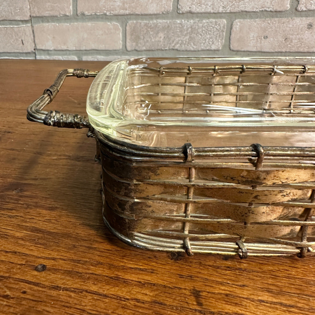 Vintage Pyrex Casserole Dish w/ Woven Silver Plated Wire Basket Carrier Holder