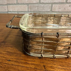 Vintage Pyrex Casserole Dish w/ Woven Silver Plated Wire Basket Carrier Holder