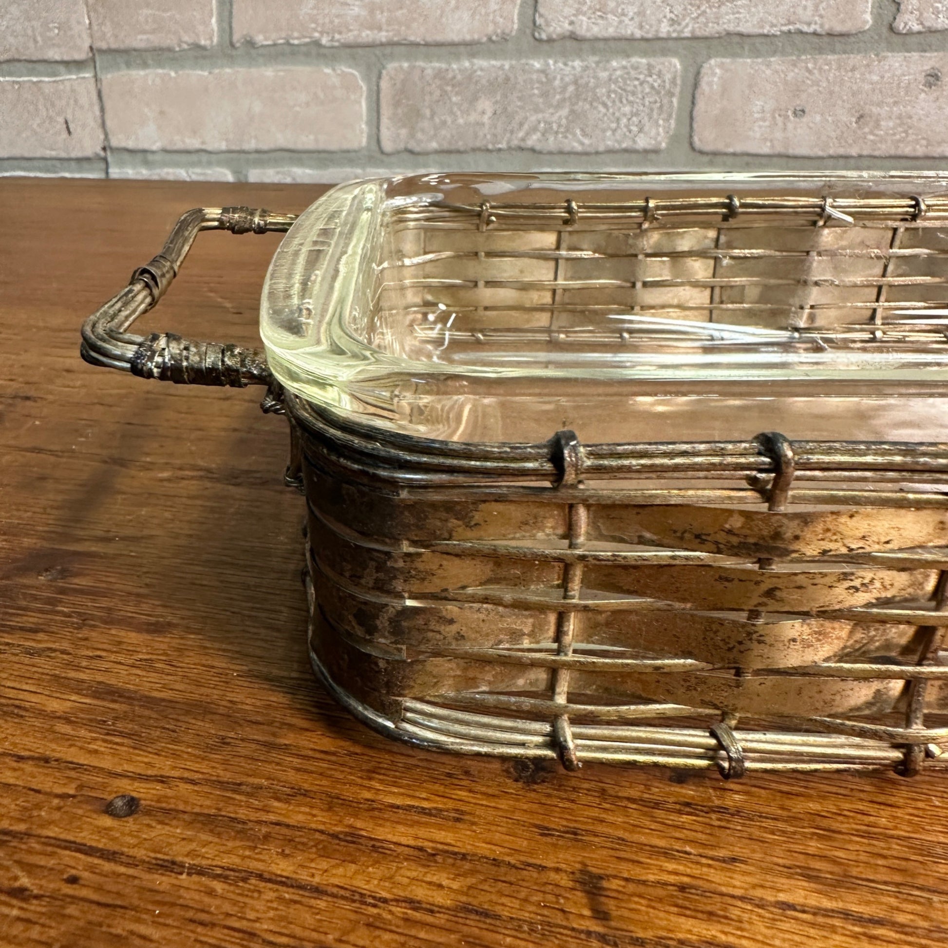 Vintage Pyrex Casserole Dish w/ Woven Silver Plated Wire Basket Carrier Holder