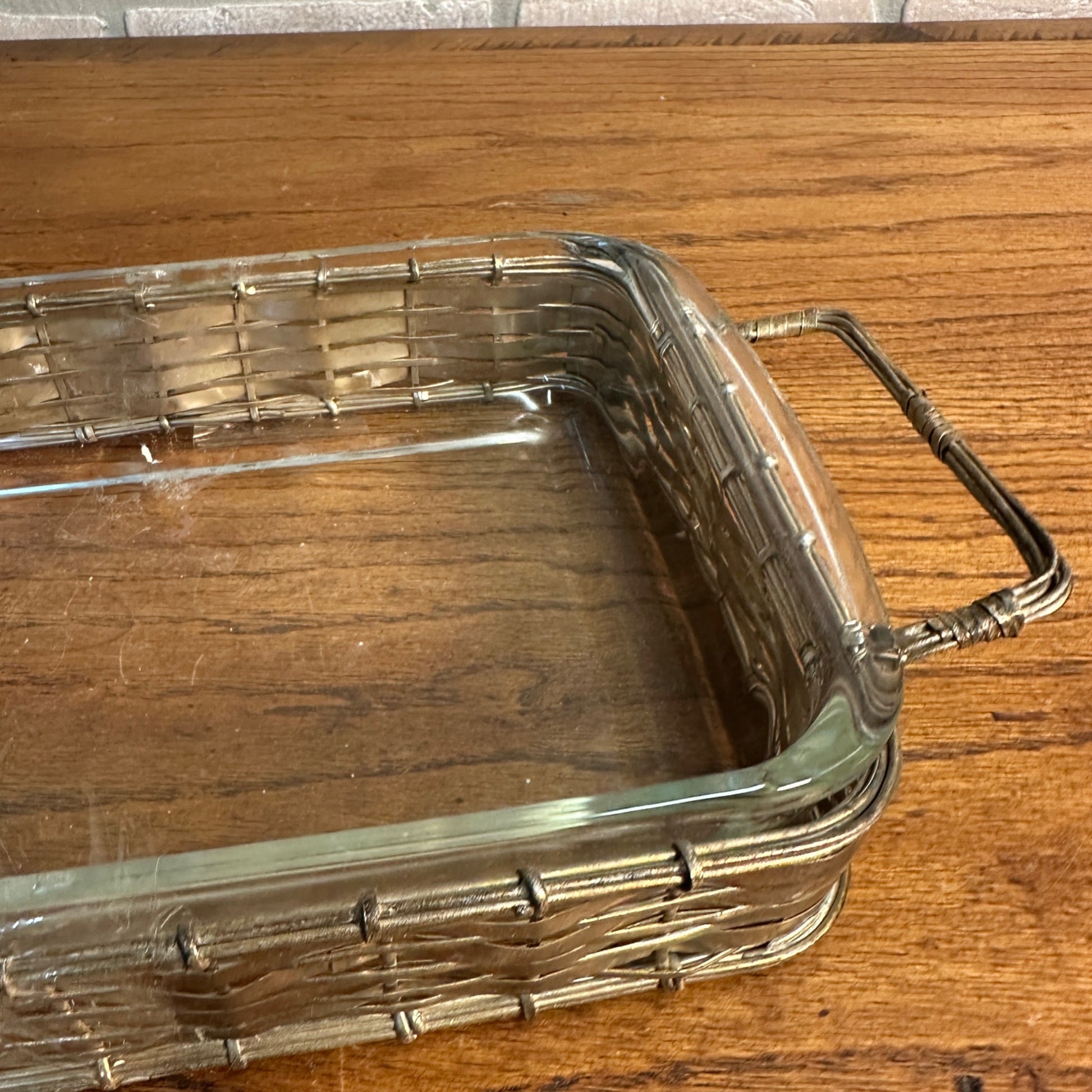Vintage Pyrex Casserole Dish w/ Woven Silver Plated Wire Basket Carrier Holder