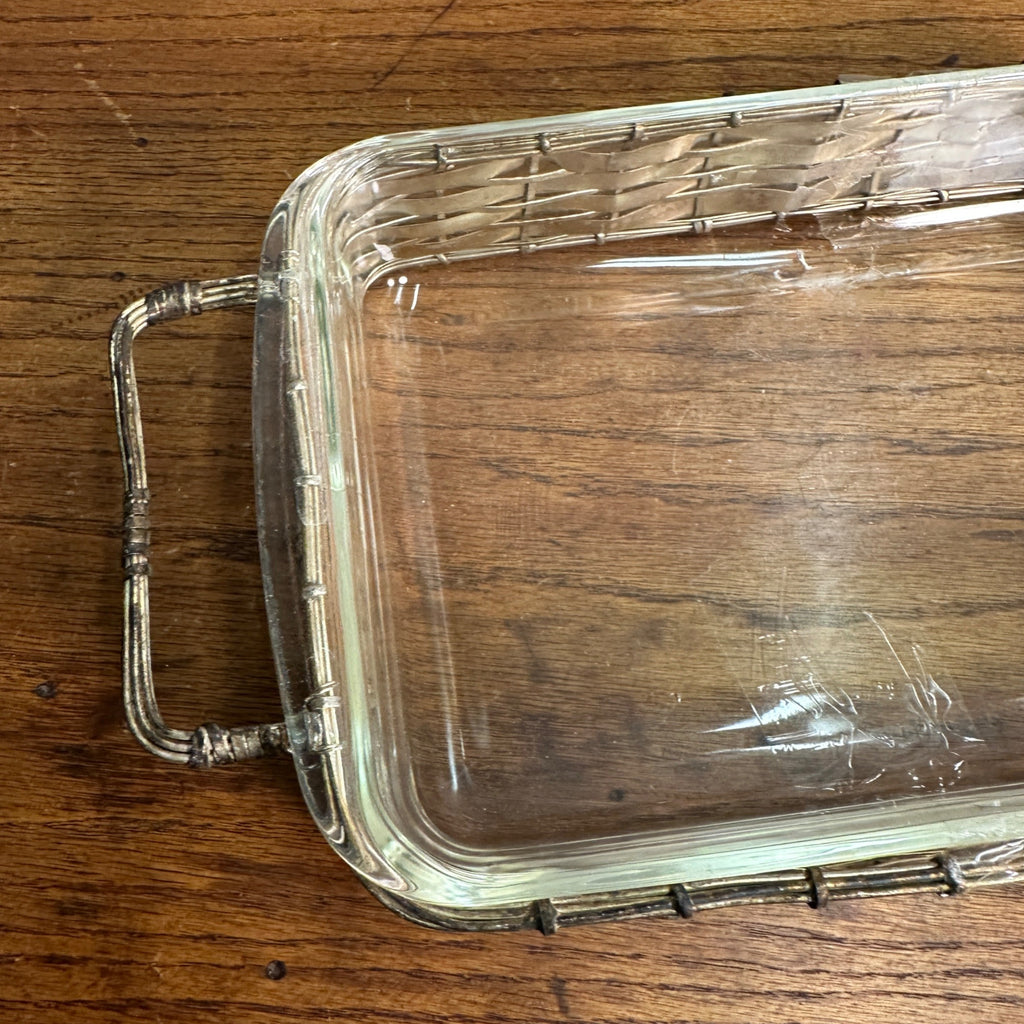 Vintage Pyrex Casserole Dish w/ Woven Silver Plated Wire Basket Carrier Holder