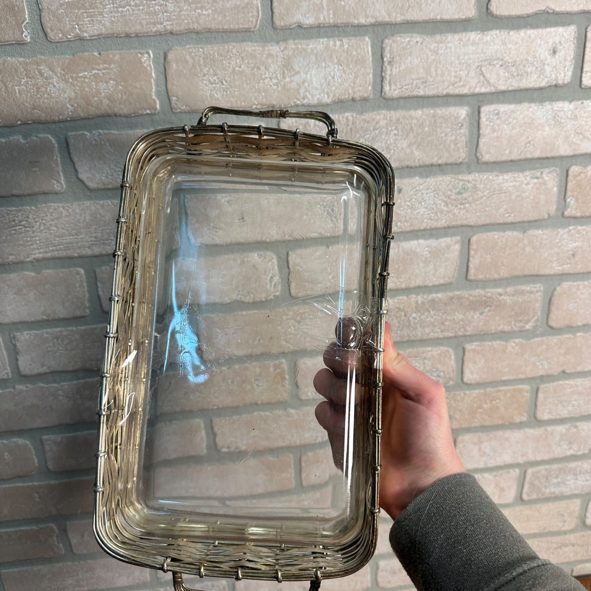 Vintage Pyrex Casserole Dish w/ Woven Silver Plated Wire Basket Carrier Holder