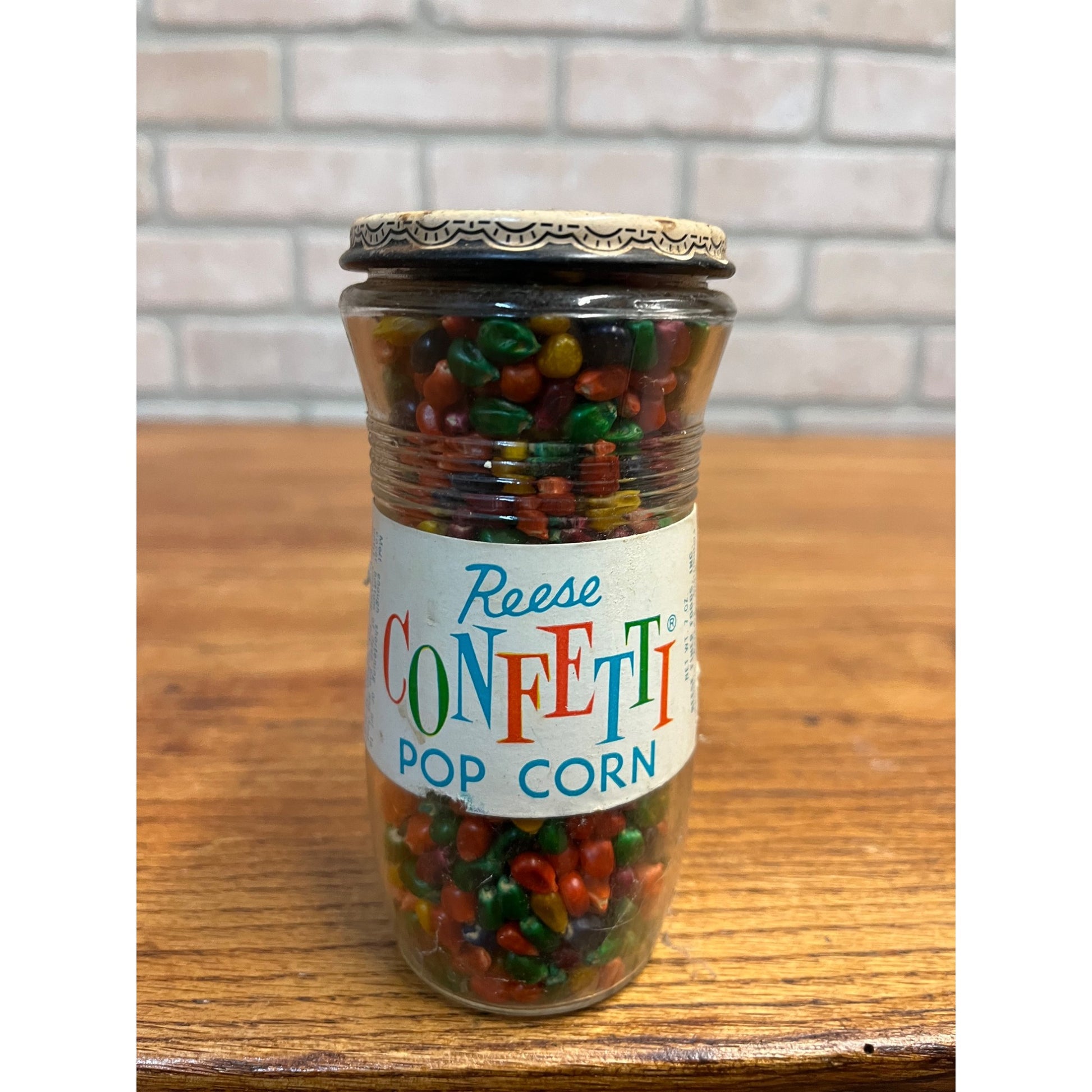 Vintage 1960s Reese Confetti Popcorn Glass Jar NOS Full Unopened Snack Display