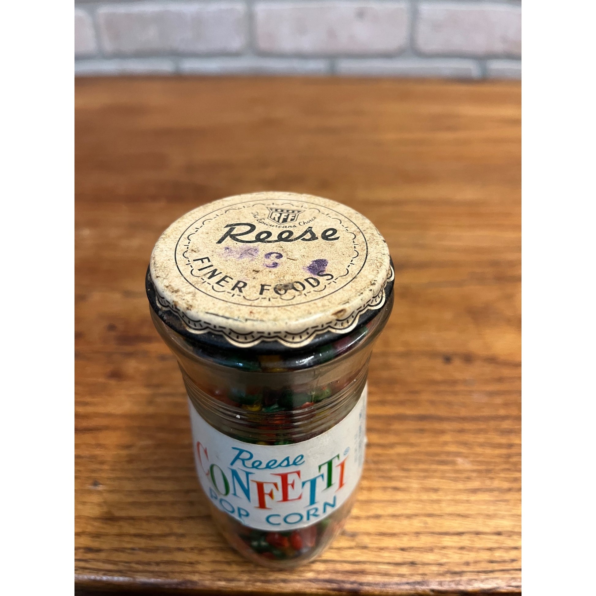 Vintage 1960s Reese Confetti Popcorn Glass Jar NOS Full Unopened Snack Display