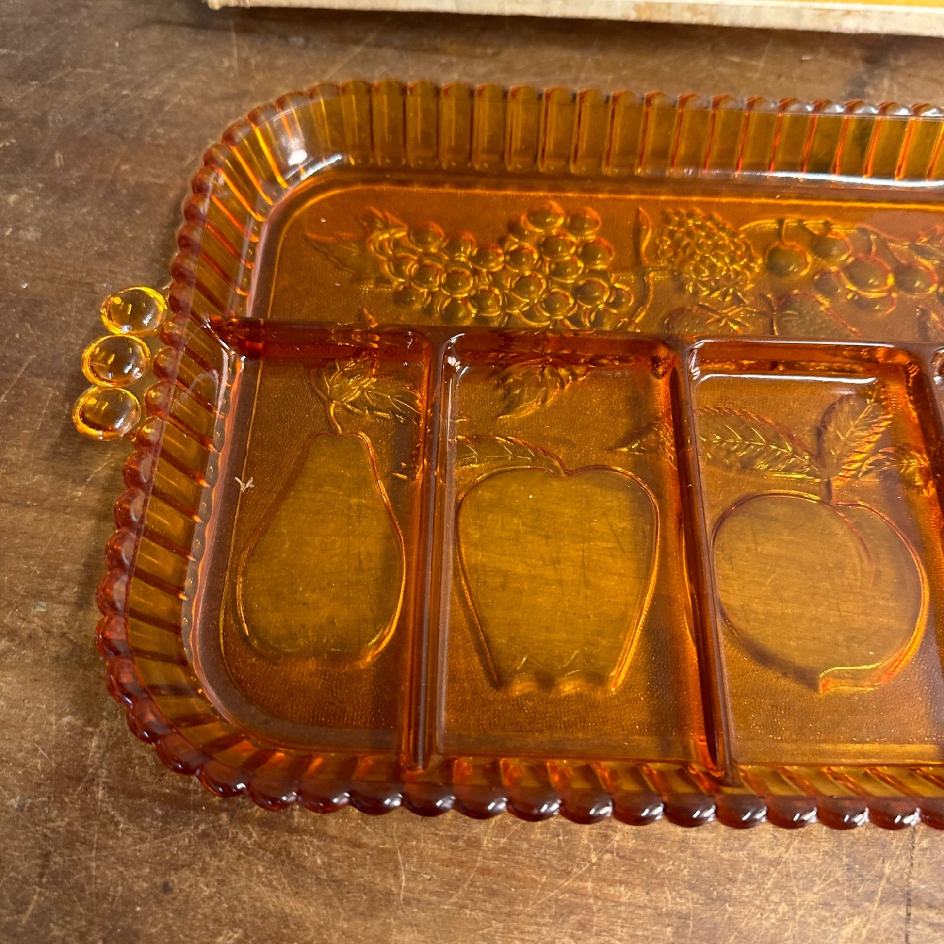 Vintage Indiana Glass Divided Relish Fruit Serving Dish Golden Amber 5 Part NOS