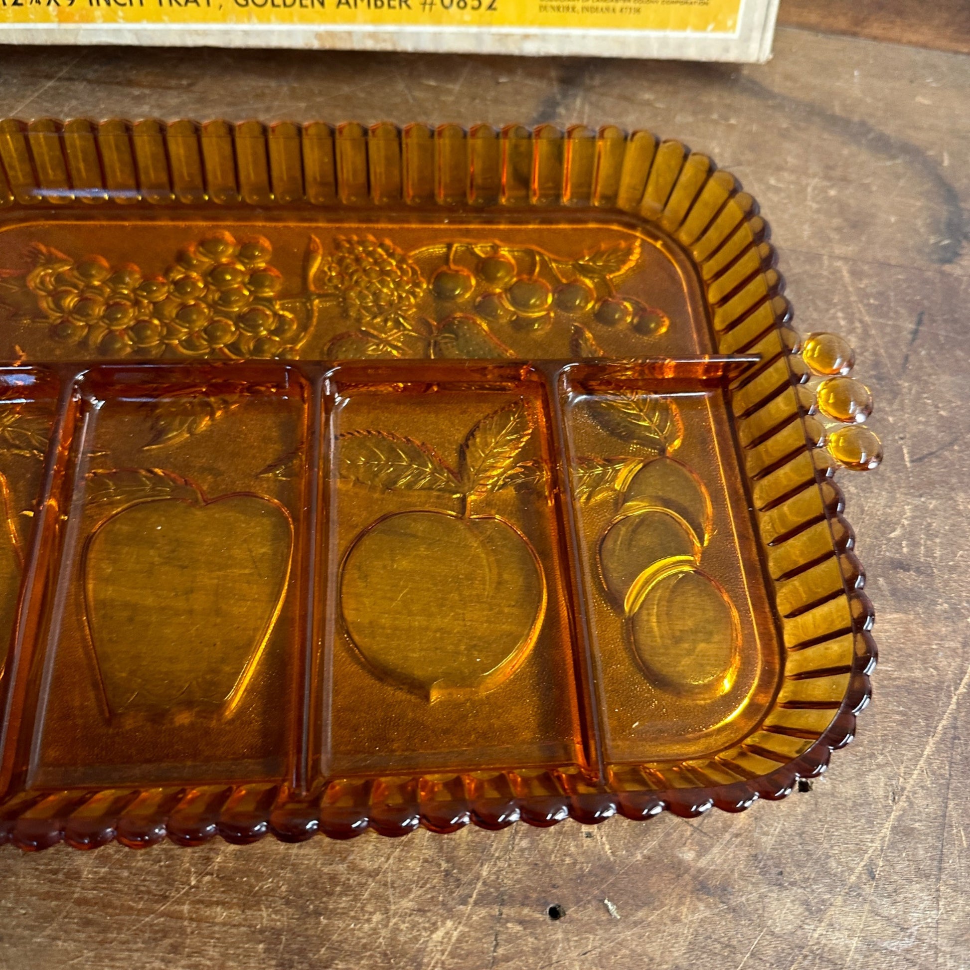 Vintage Indiana Glass Divided Relish Fruit Serving Dish Golden Amber 5 Part NOS