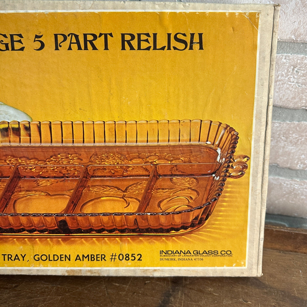 Vintage Indiana Glass Divided Relish Fruit Serving Dish Golden Amber 5 Part NOS