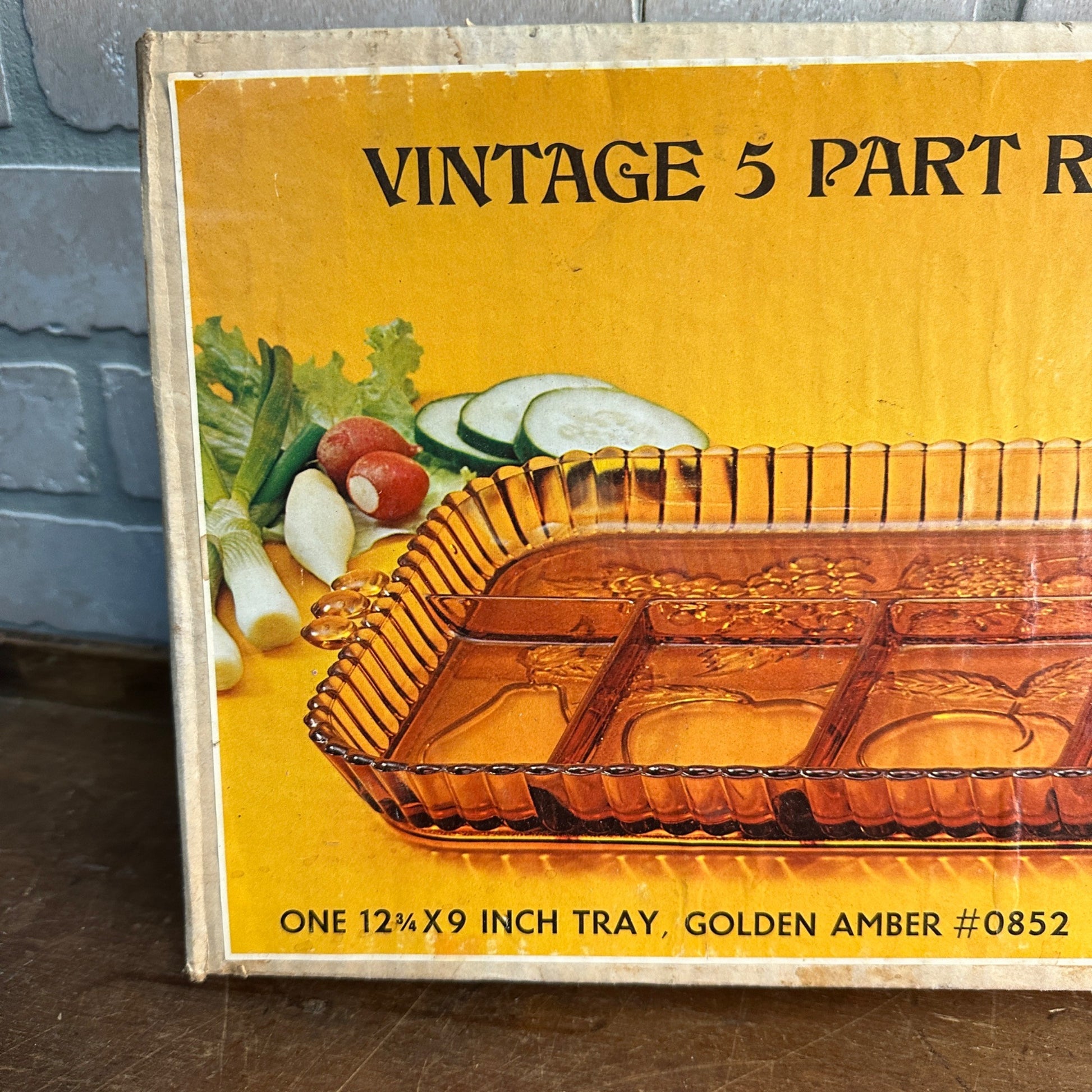 Vintage Indiana Glass Divided Relish Fruit Serving Dish Golden Amber 5 Part NOS