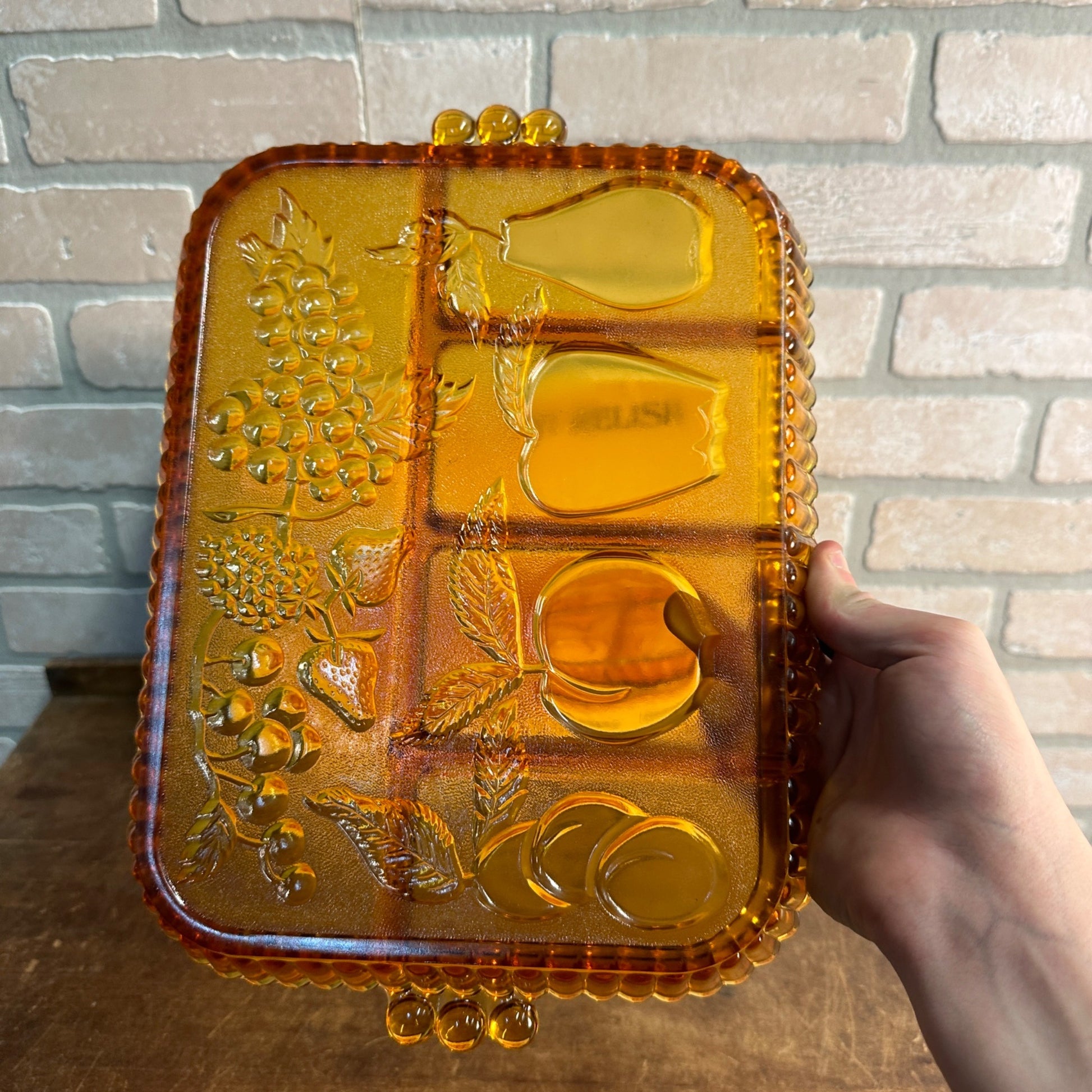 Vintage Indiana Glass Divided Relish Fruit Serving Dish Golden Amber 5 Part NOS