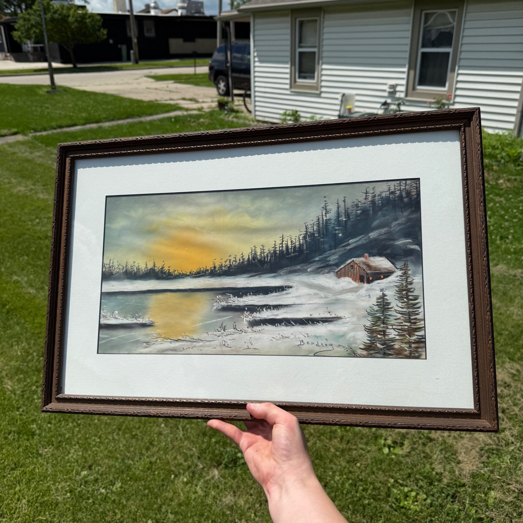 Antique Oil Pastel Framed Signed Artwork Lakeside Snow Cabin Winter Scene Landscape