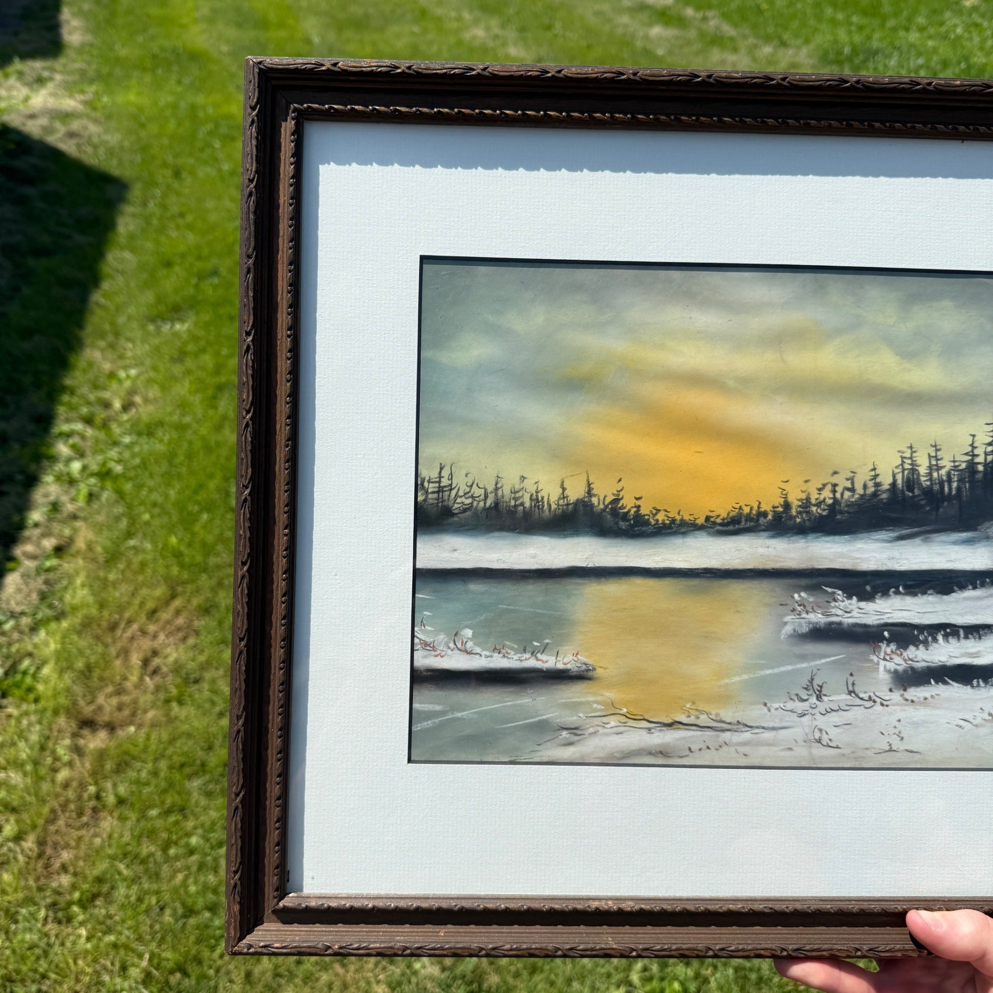 Antique Oil Pastel Framed Signed Artwork Lakeside Snow Cabin Winter Scene Landscape