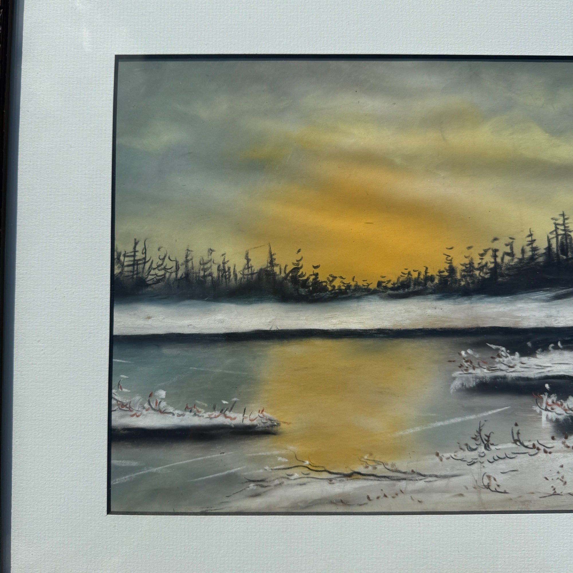 Antique Oil Pastel Framed Signed Artwork Lakeside Snow Cabin Winter Scene Landscape