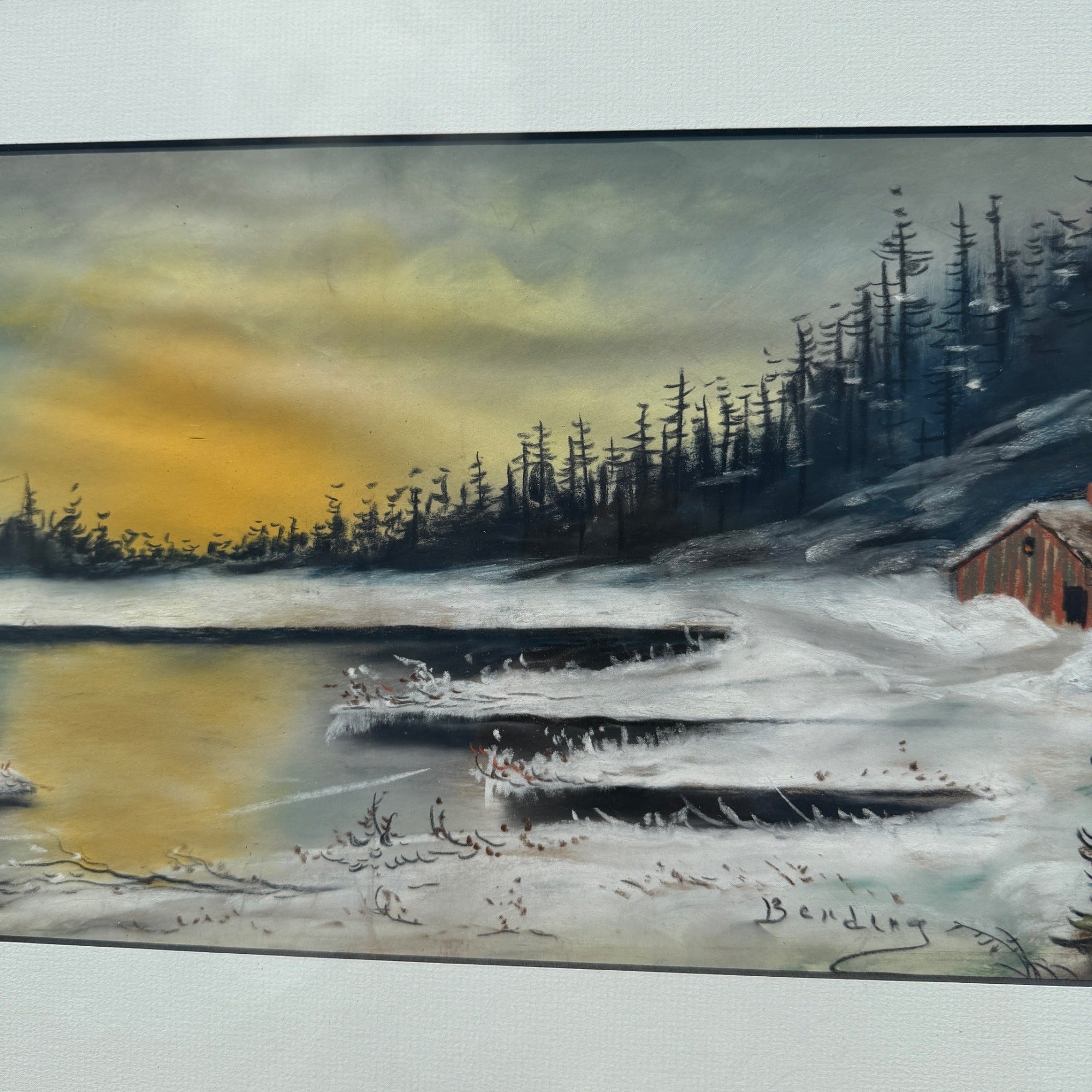 Antique Oil Pastel Framed Signed Artwork Lakeside Snow Cabin Winter Scene Landscape