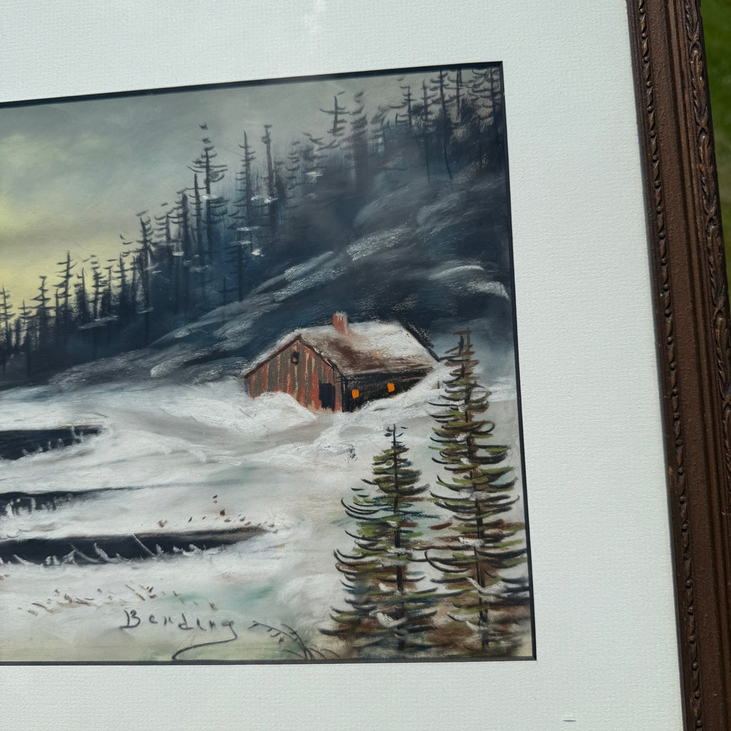 Antique Oil Pastel Framed Signed Artwork Lakeside Snow Cabin Winter Scene Landscape