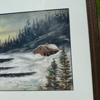 Antique Oil Pastel Framed Signed Artwork Lakeside Snow Cabin Winter Scene Landscape
