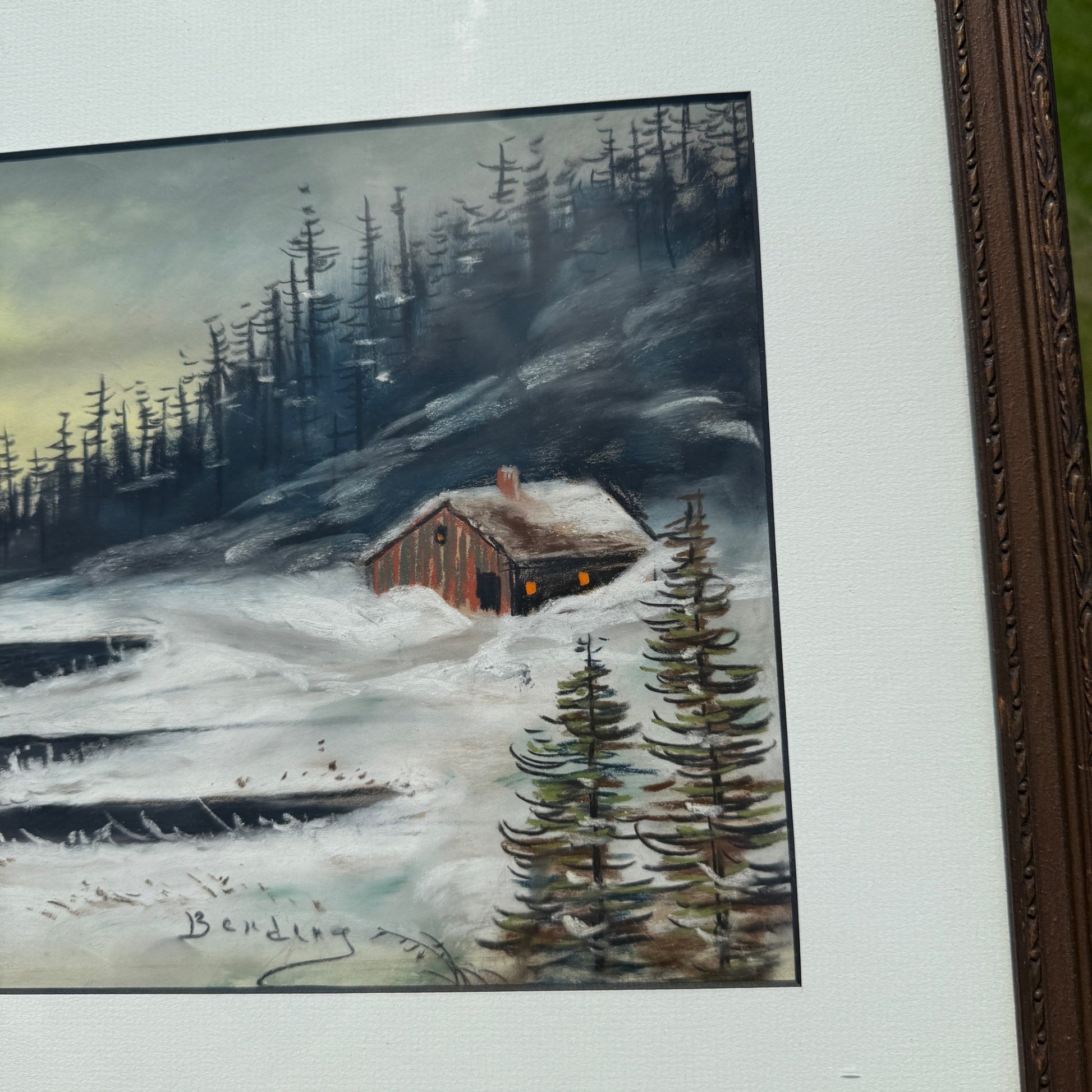 Antique Oil Pastel Framed Signed Artwork Lakeside Snow Cabin Winter Scene Landscape
