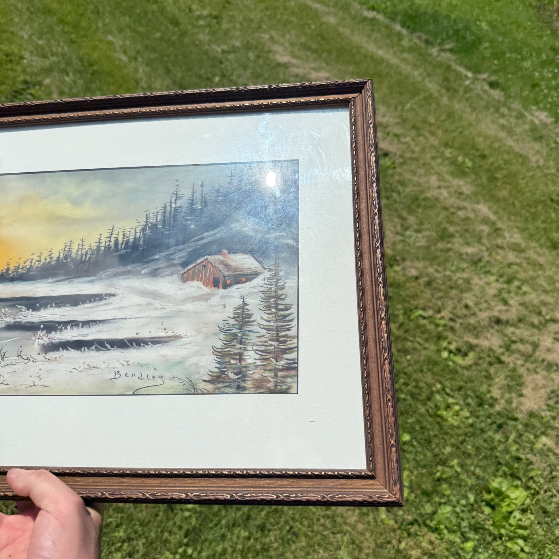 Antique Oil Pastel Framed Signed Artwork Lakeside Snow Cabin Winter Scene Landscape