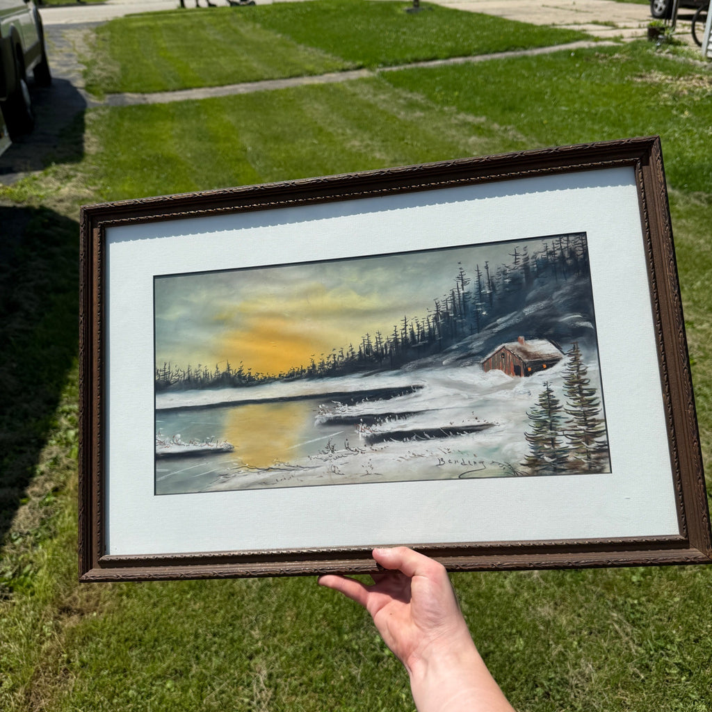 Antique Oil Pastel Framed Signed Artwork Lakeside Snow Cabin Winter Scene Landscape