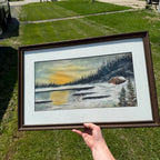 Antique Oil Pastel Framed Signed Artwork Lakeside Snow Cabin Winter Scene Landscape
