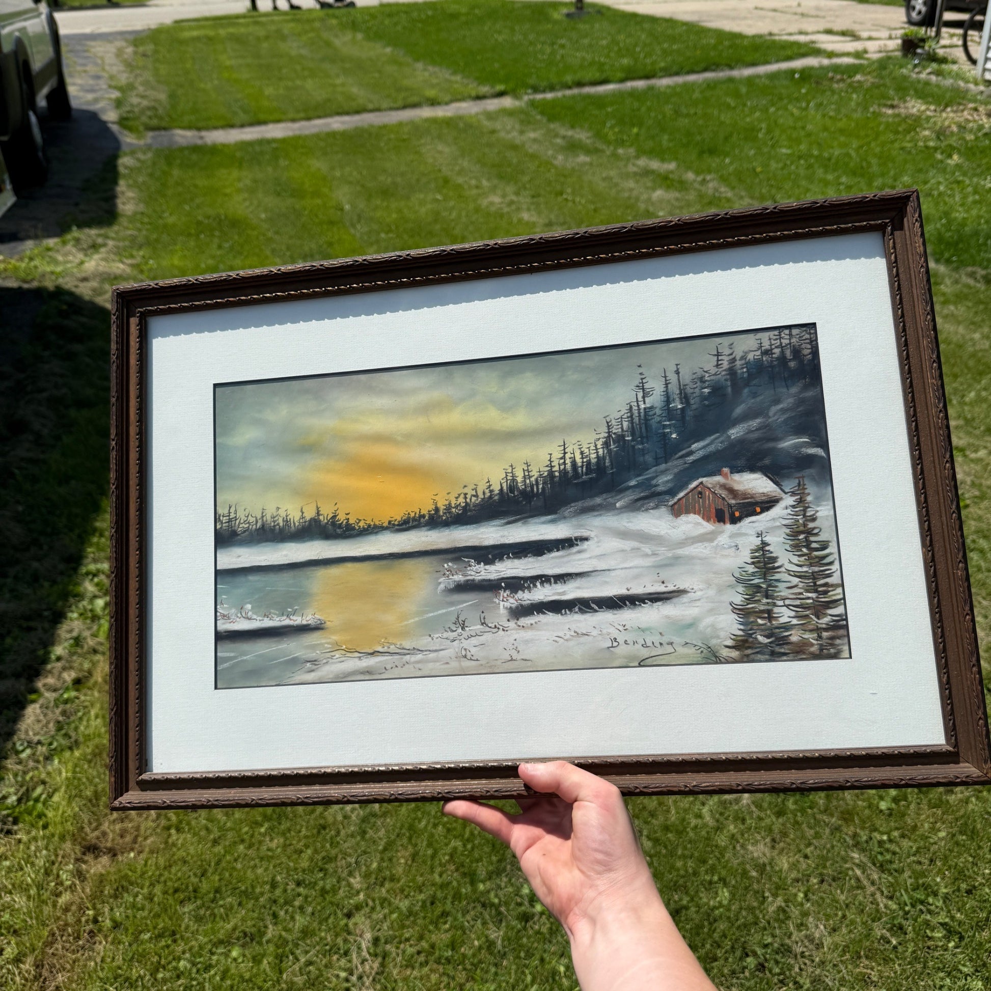 Antique Oil Pastel Framed Signed Artwork Lakeside Snow Cabin Winter Scene Landscape