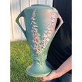 Large 16" Roseville Foxglove Green Double Handled ArtDeco Flower Vase 55-16