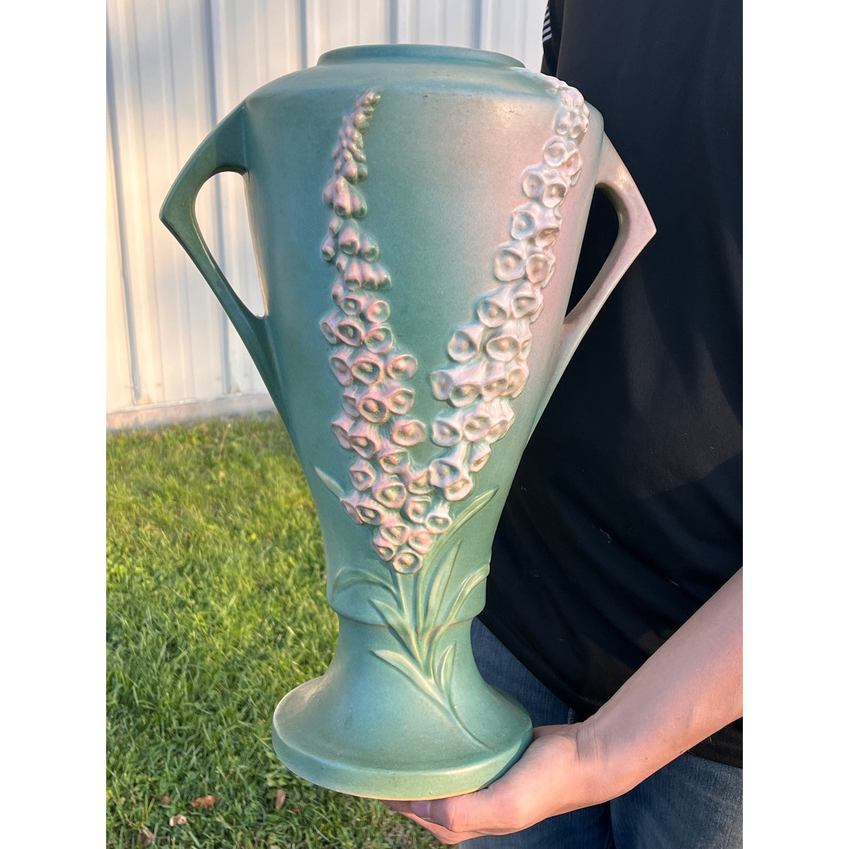 Large 16" Roseville Foxglove Green Double Handled ArtDeco Flower Vase 55-16