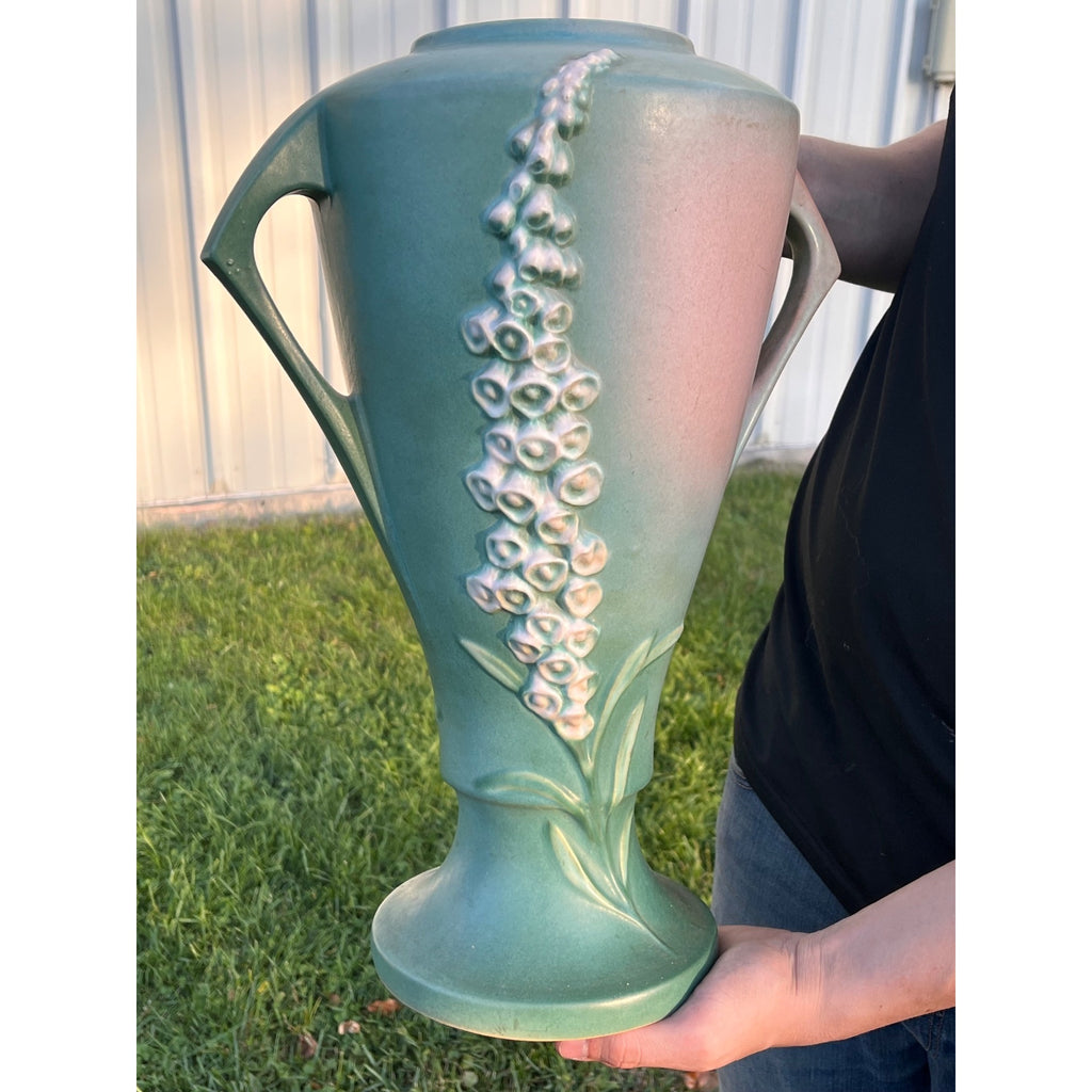 Large 16" Roseville Foxglove Green Double Handled ArtDeco Flower Vase 55-16