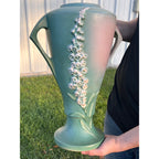 Large 16" Roseville Foxglove Green Double Handled ArtDeco Flower Vase 55-16