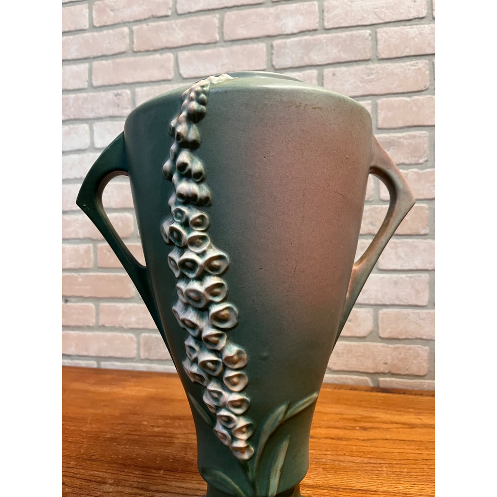 Large 16" Roseville Foxglove Green Double Handled ArtDeco Flower Vase 55-16