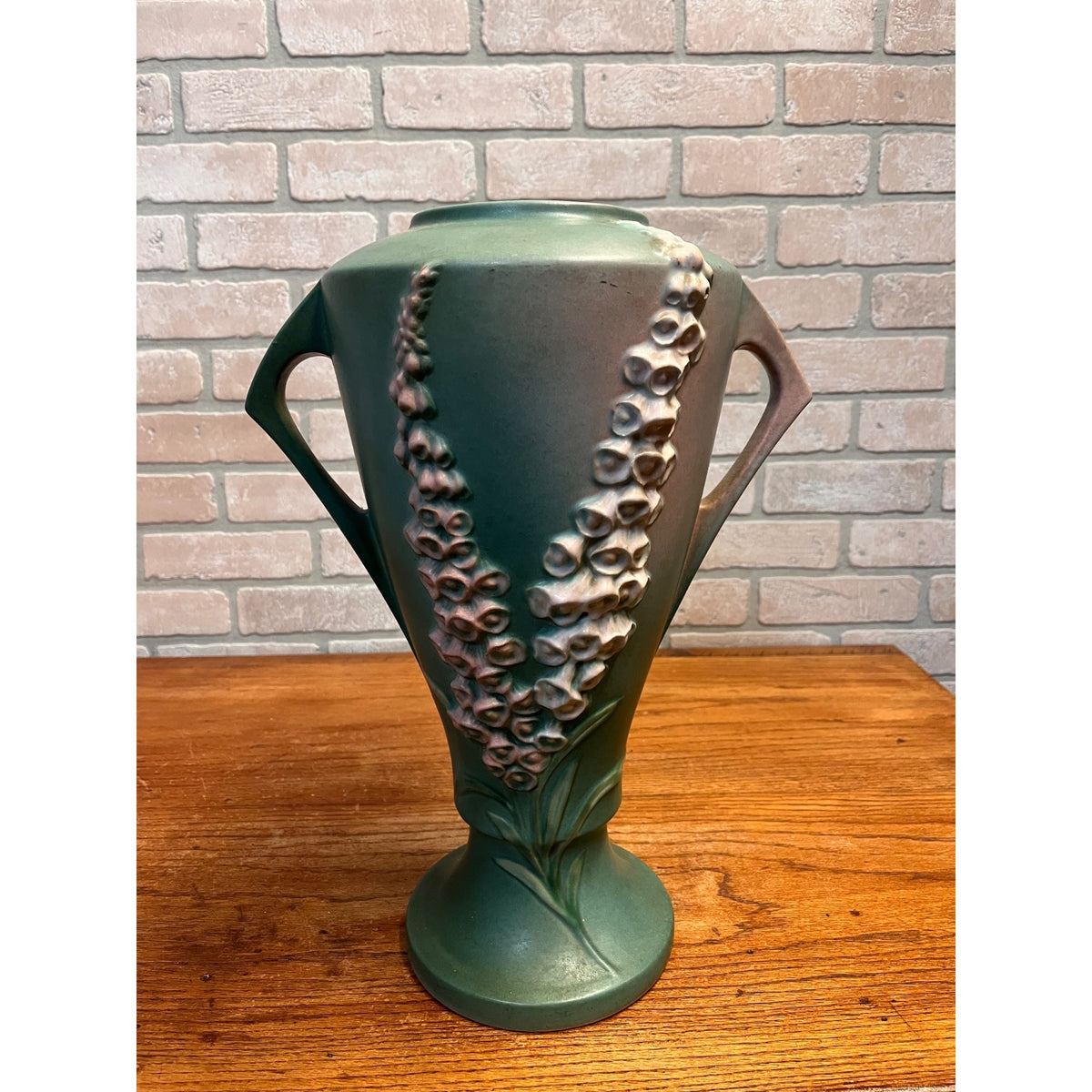 Large 16" Roseville Foxglove Green Double Handled ArtDeco Flower Vase 55-16