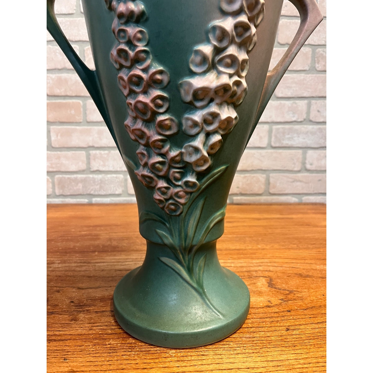 Large 16" Roseville Foxglove Green Double Handled ArtDeco Flower Vase 55-16