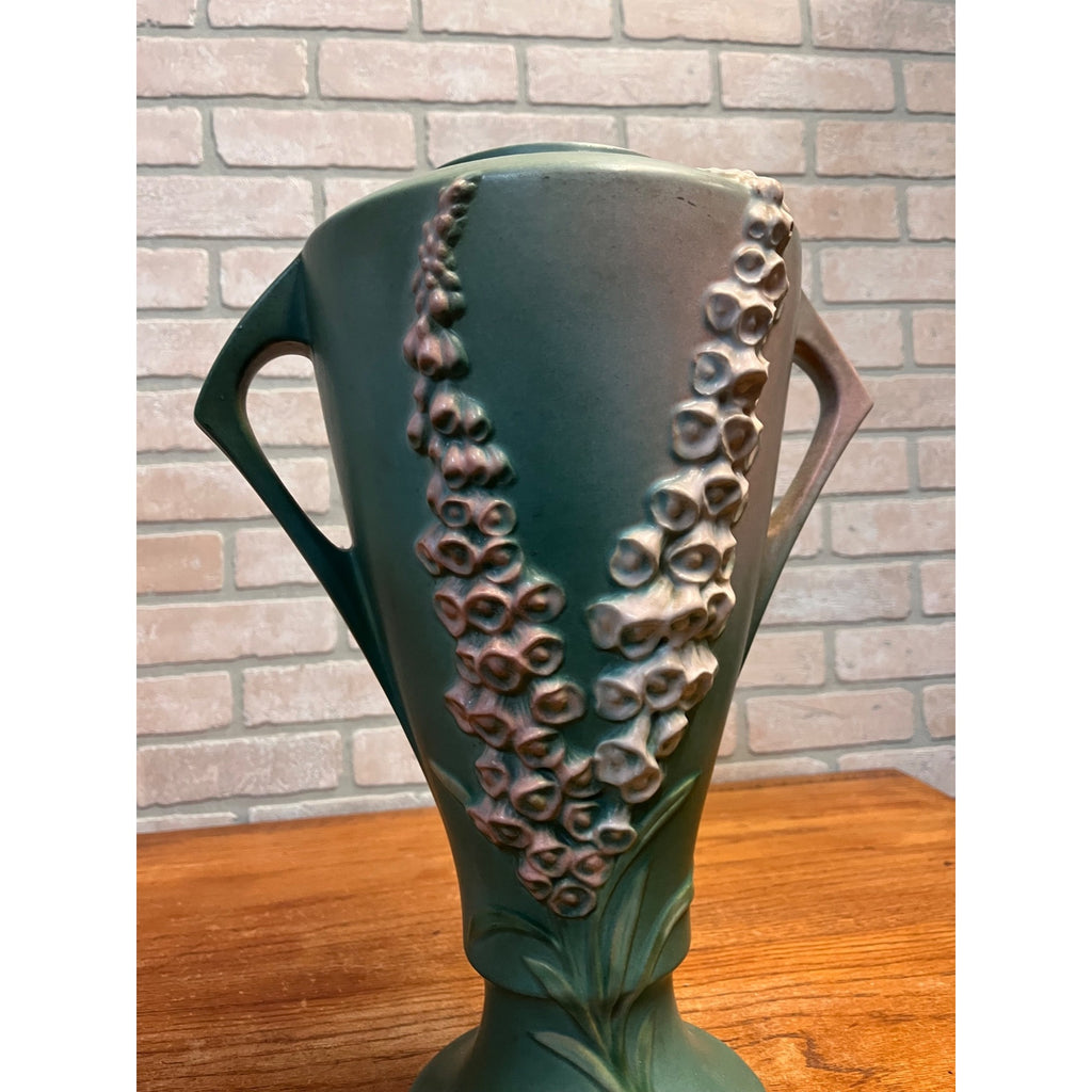 Large 16" Roseville Foxglove Green Double Handled ArtDeco Flower Vase 55-16