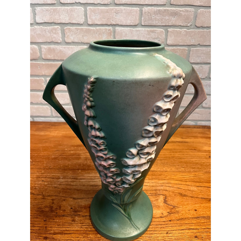Large 16" Roseville Foxglove Green Double Handled ArtDeco Flower Vase 55-16
