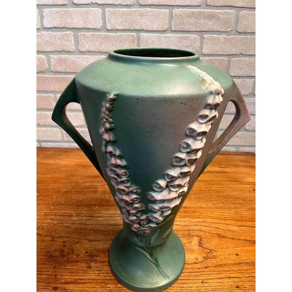 Large 16" Roseville Foxglove Green Double Handled ArtDeco Flower Vase 55-16