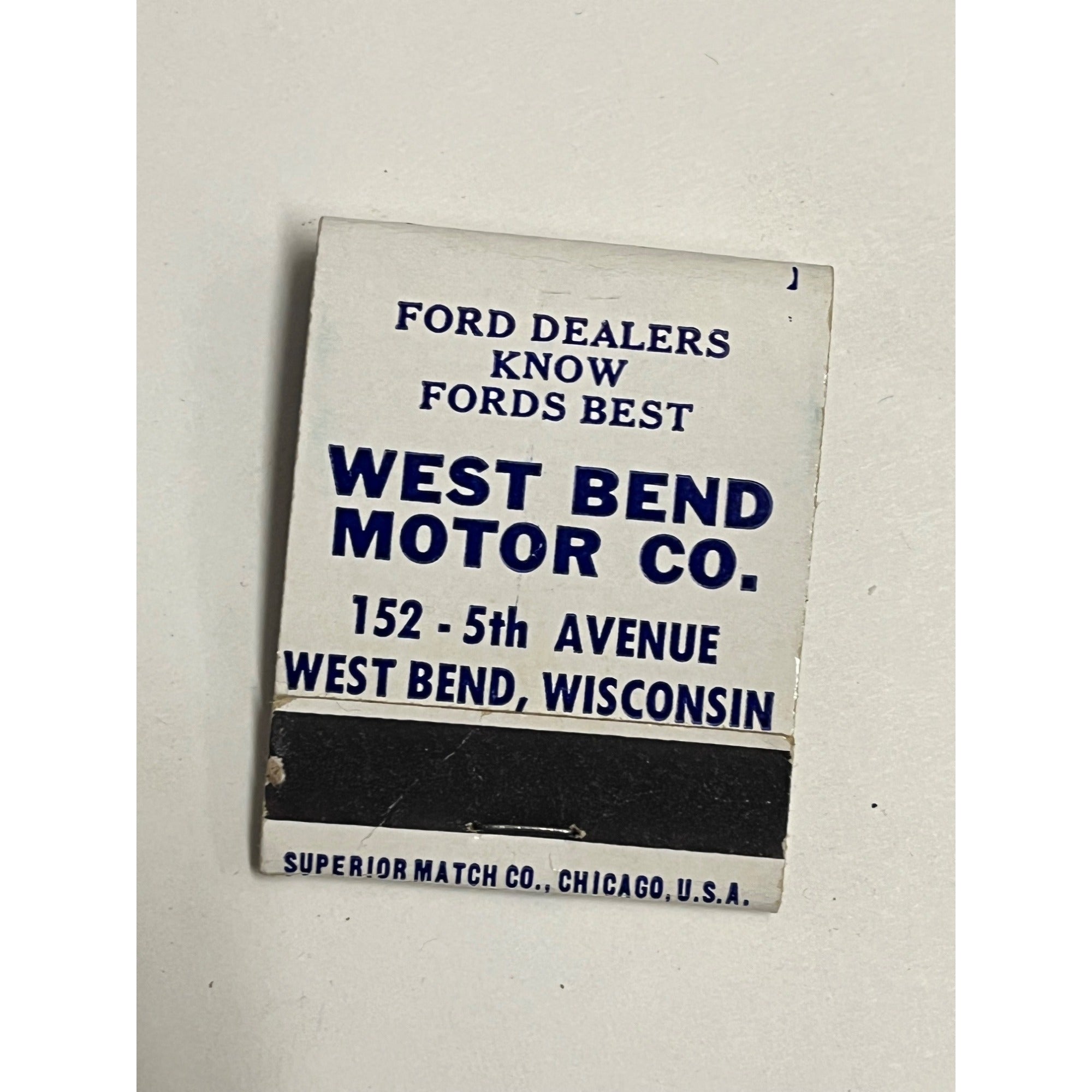 Vintage FORD Dealership Full Matcbook Advertising West Bend Motor Co. Wisconsin