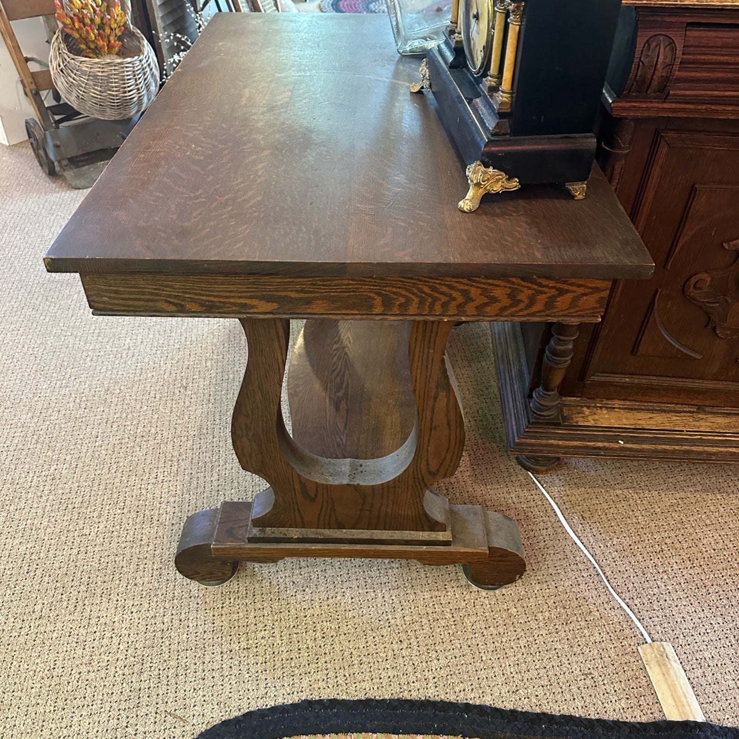 Antique Quartersawn Oak Wooden Library Table Desk w/ Drawer