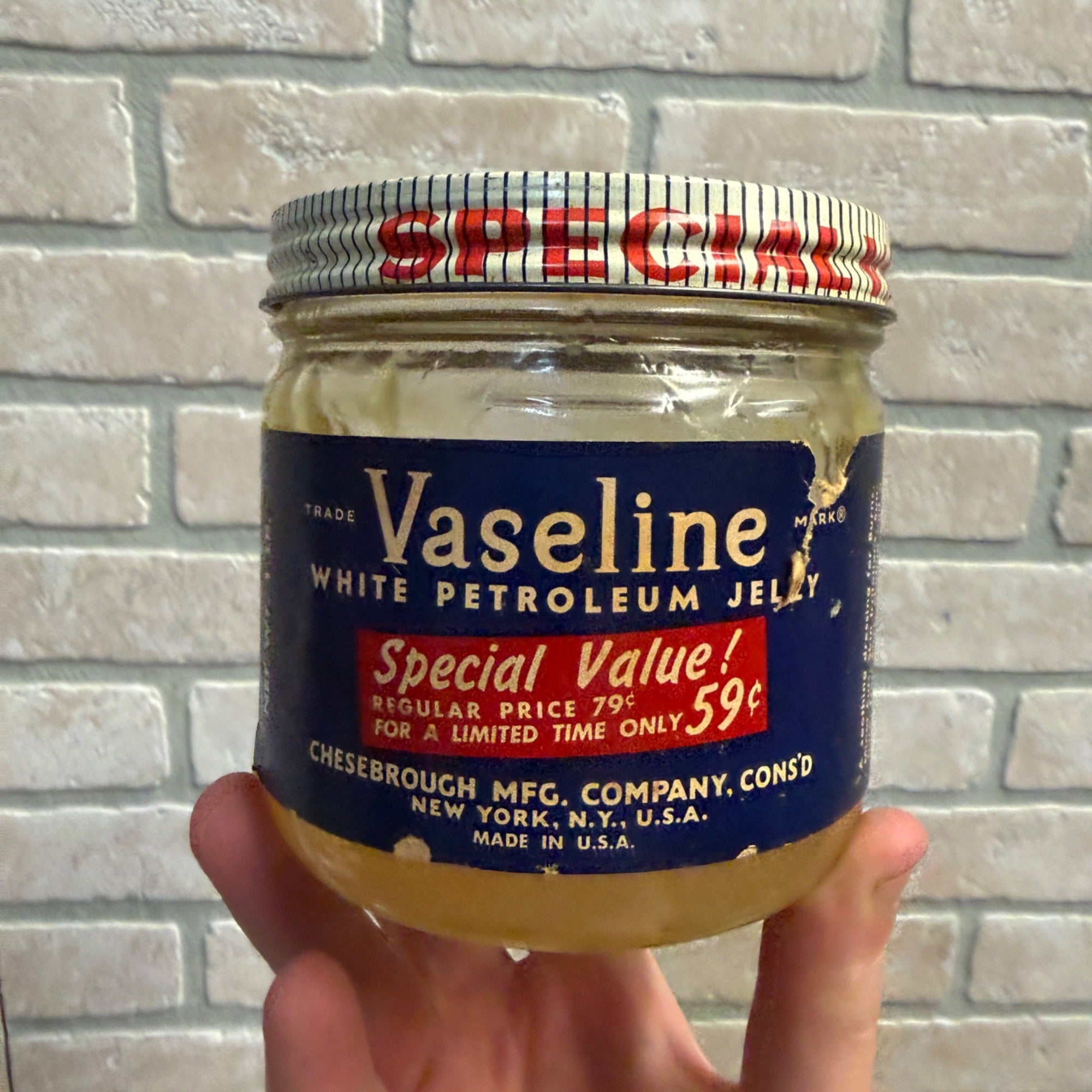 Vintage 1950s Vaseline Petroleum Jelly 1lb Glass Jar Advertising Decor