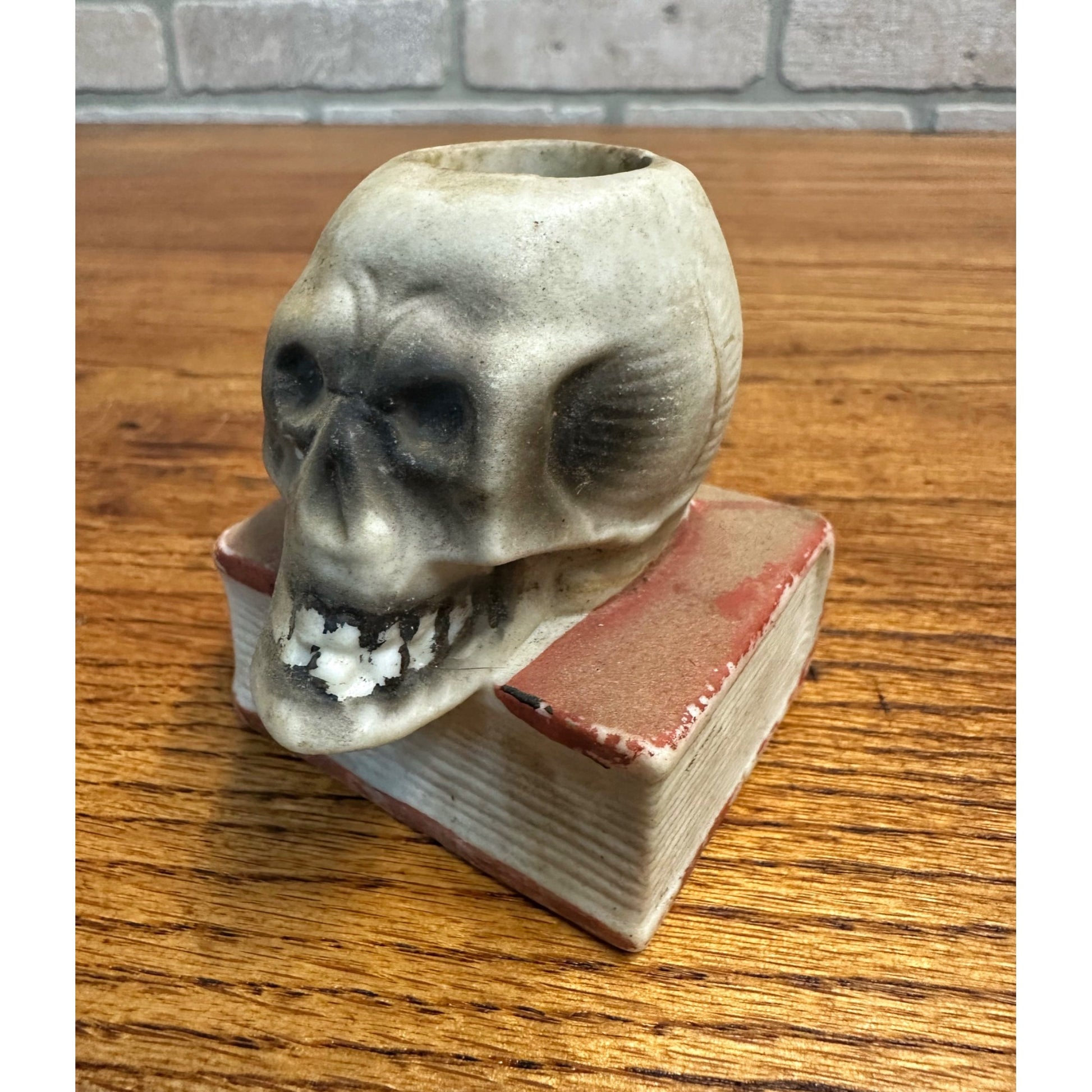 Vintage Halloween Skull on Book Match Stick Holder Japan Bisque Porcelain 1950s