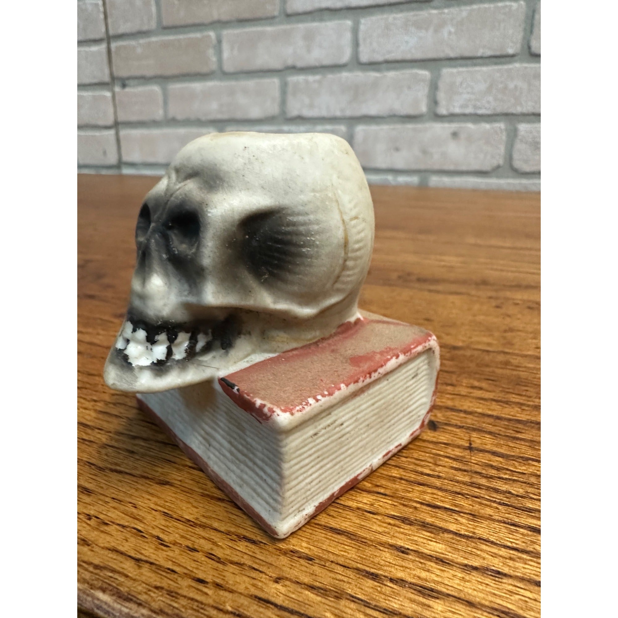 Vintage Halloween Skull on Book Match Stick Holder Japan Bisque Porcelain 1950s