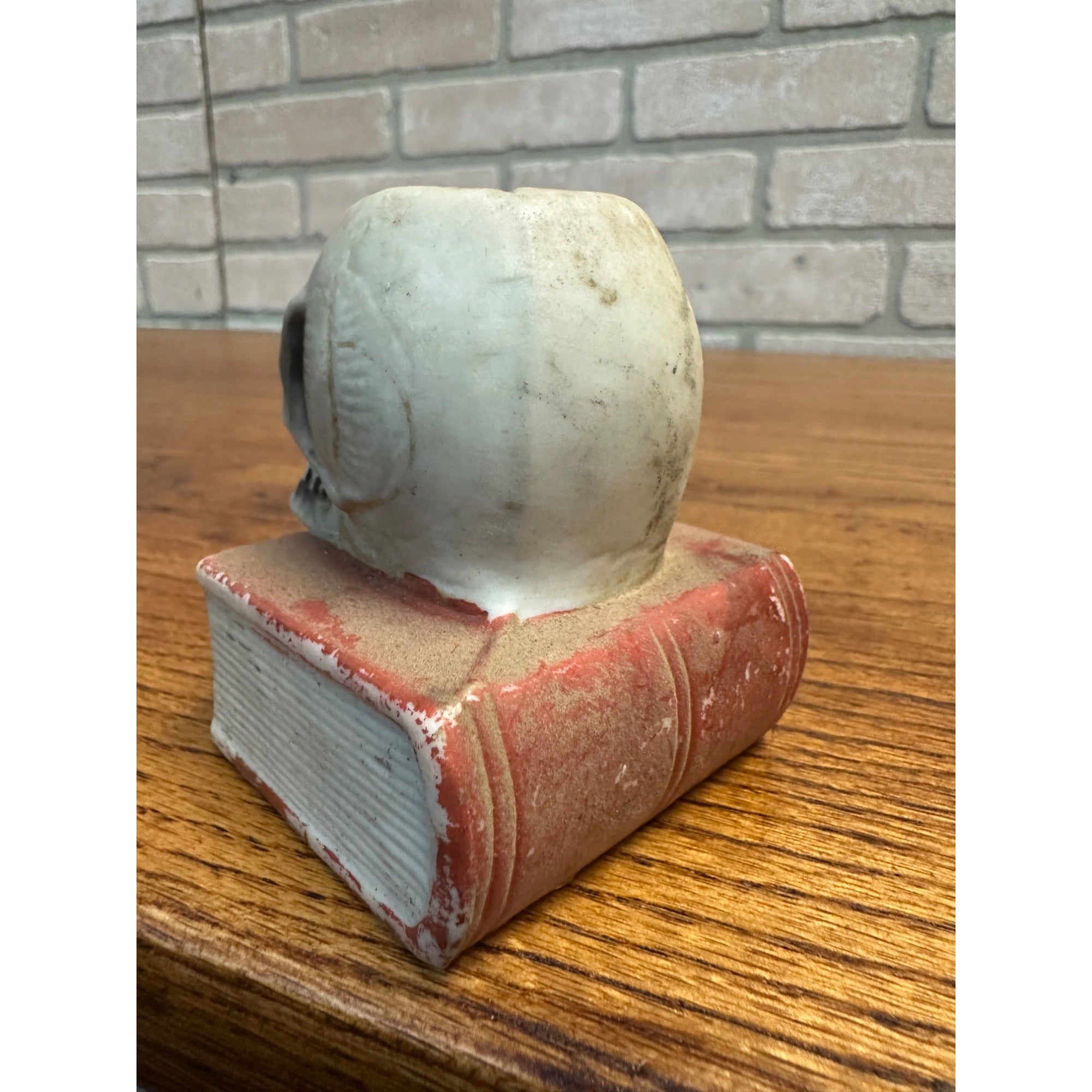 Vintage Halloween Skull on Book Match Stick Holder Japan Bisque Porcelain 1950s