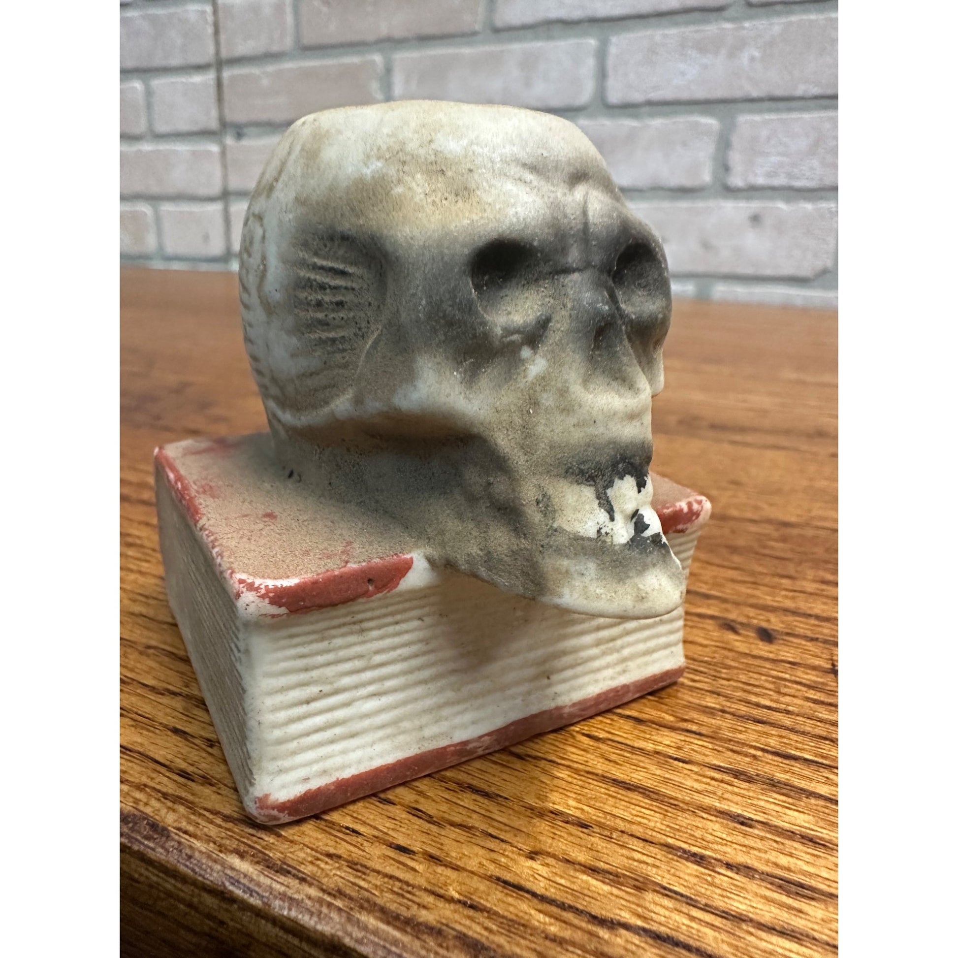 Vintage Halloween Skull on Book Match Stick Holder Japan Bisque Porcelain 1950s