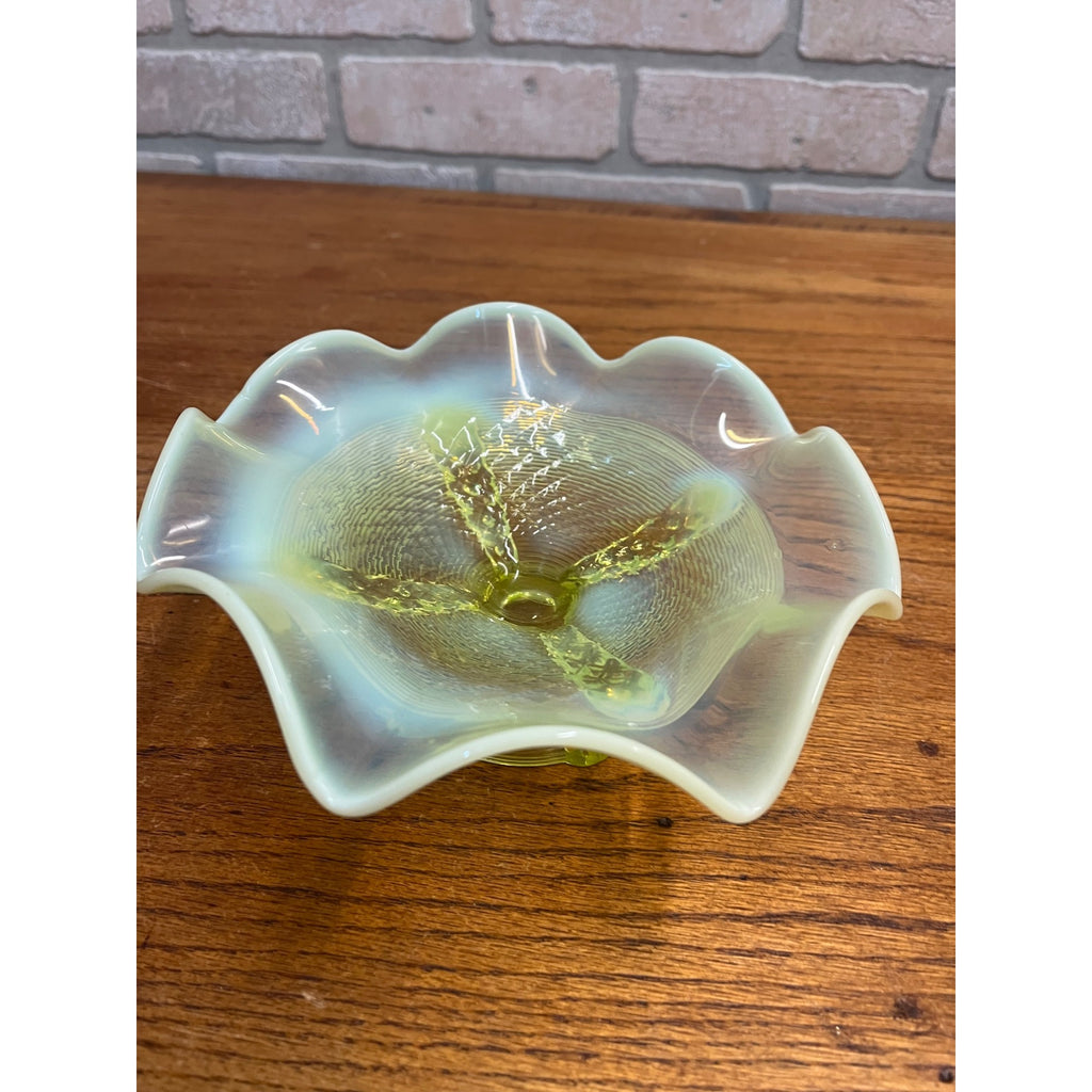 Northwood Opalescent Vaseline Footed Button Panel Ruffled Edge Candy Dish Uranium