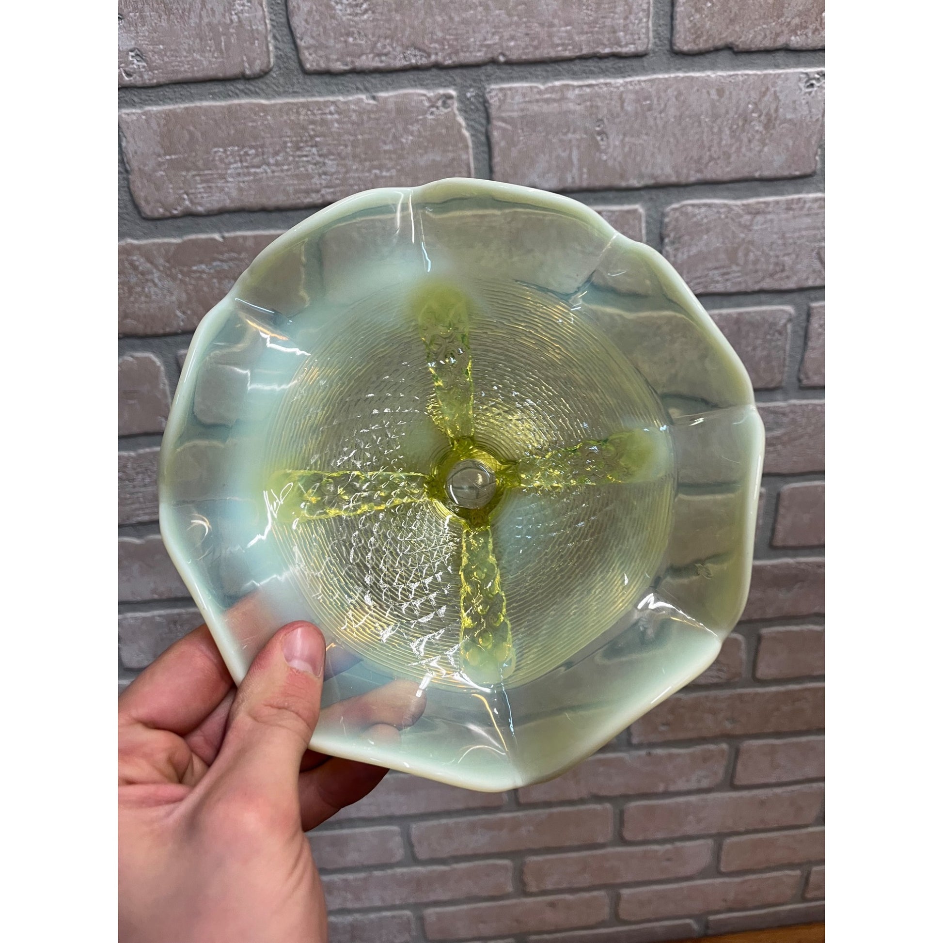 Northwood Opalescent Vaseline Footed Button Panel Ruffled Edge Candy Dish Uranium